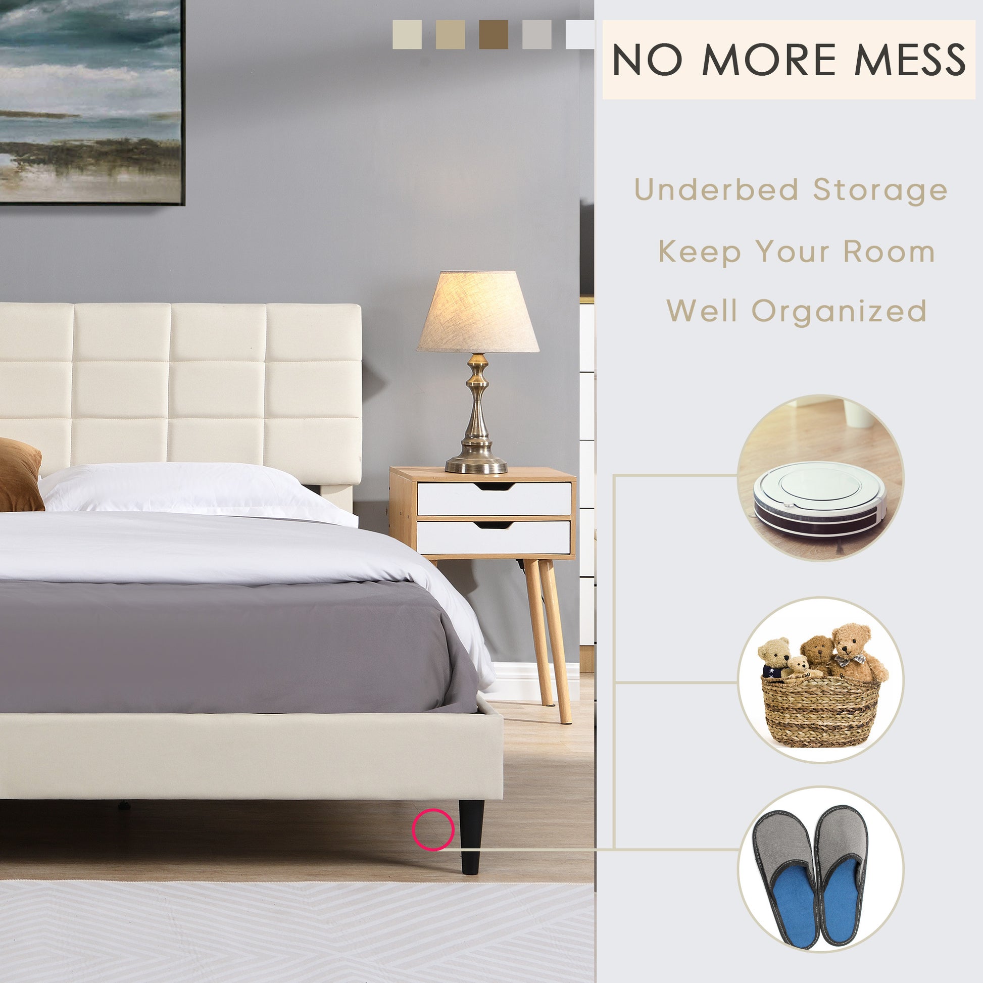 King Size Platform Bed Frame With Fabric Upholstered Headboard And Wooden Slats, No Box Spring Needed Easy Assembly, Dark Beige Beige Metal & Wood