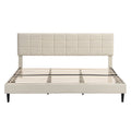 King Size Platform Bed Frame With Fabric Upholstered Headboard And Wooden Slats, No Box Spring Needed Easy Assembly, Dark Beige Beige Metal & Wood