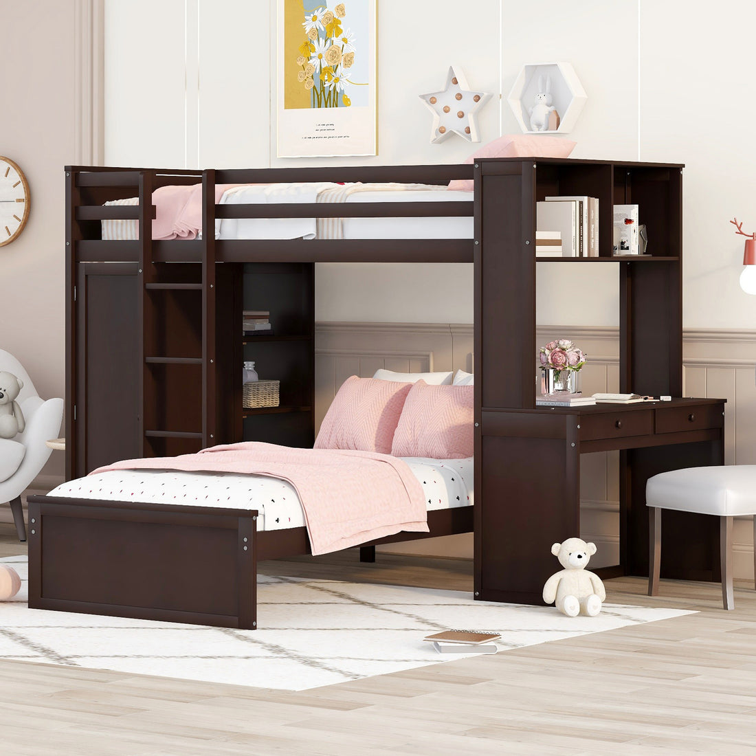 Twin Size Loft Bed With A Stand Alone Bed, Shelves,Desk,And Wardrobe Espresso Espresso Solid Wood