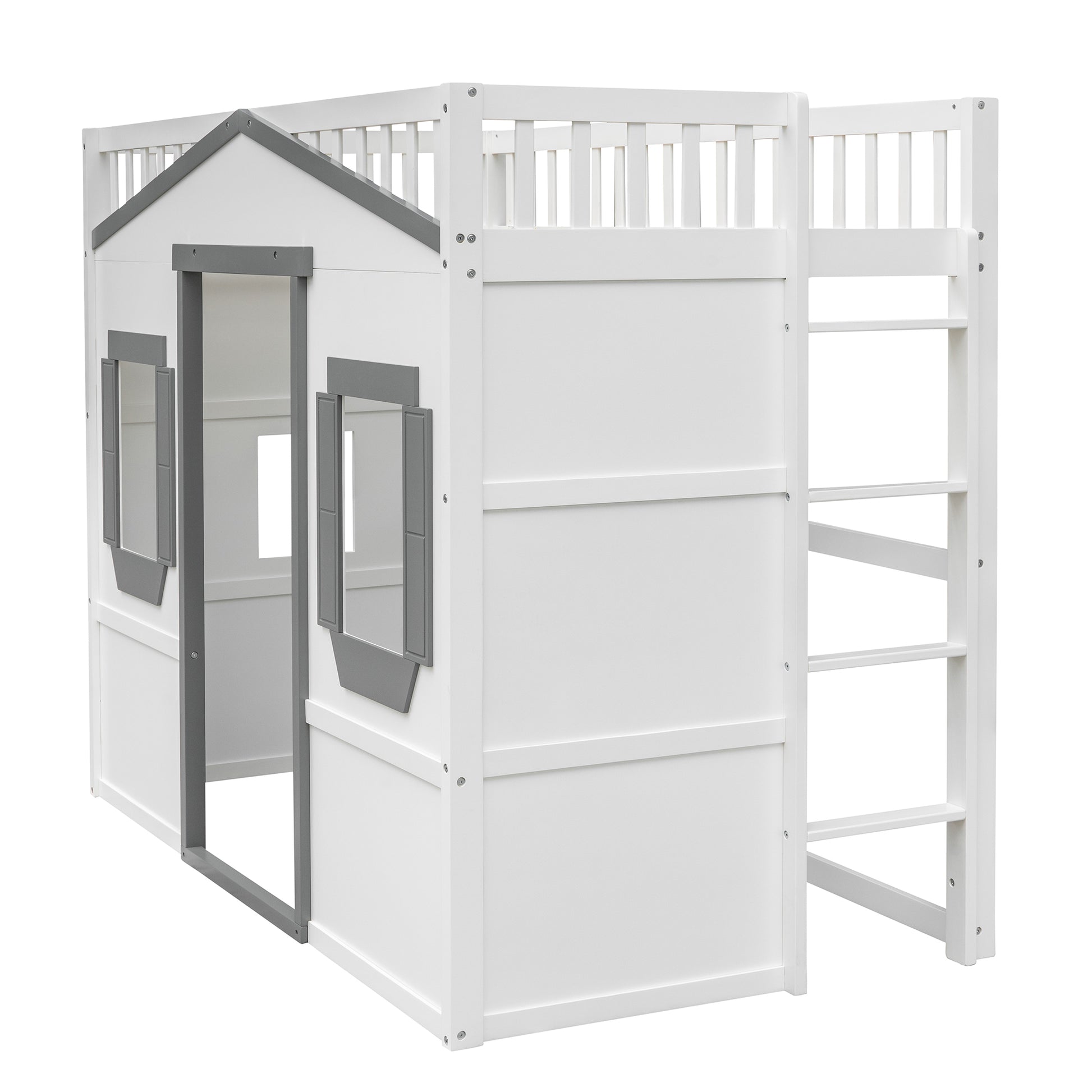 Twin Size House Loft Bed With Ladder White Gray Frame White Gray Solid Wood