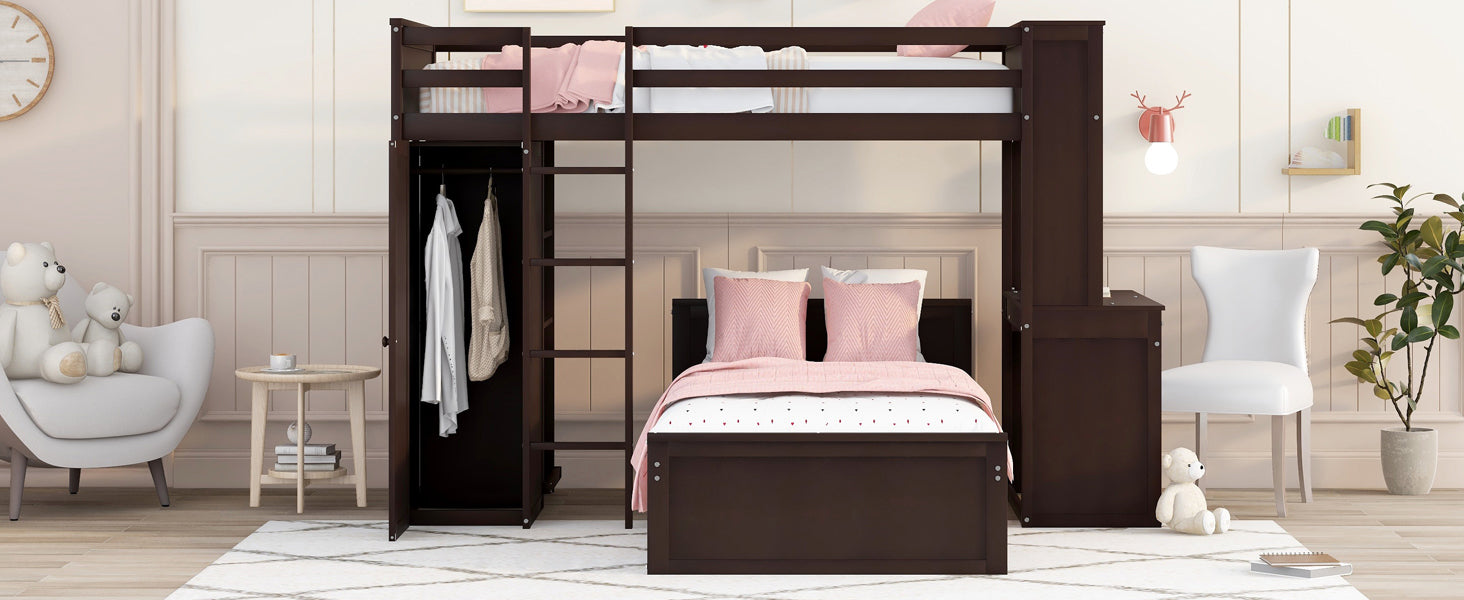 Twin Size Loft Bed With A Stand Alone Bed, Shelves,Desk,And Wardrobe Espresso Espresso Solid Wood