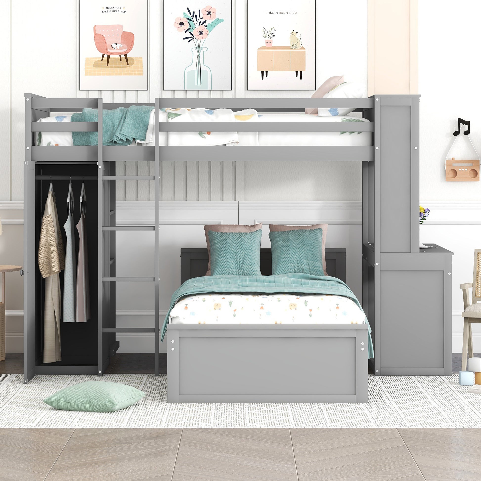 Twin Size Loft Bed With A Stand Alone Bed, Shelves,Desk,And Wardrobe Gray Gray Solid Wood