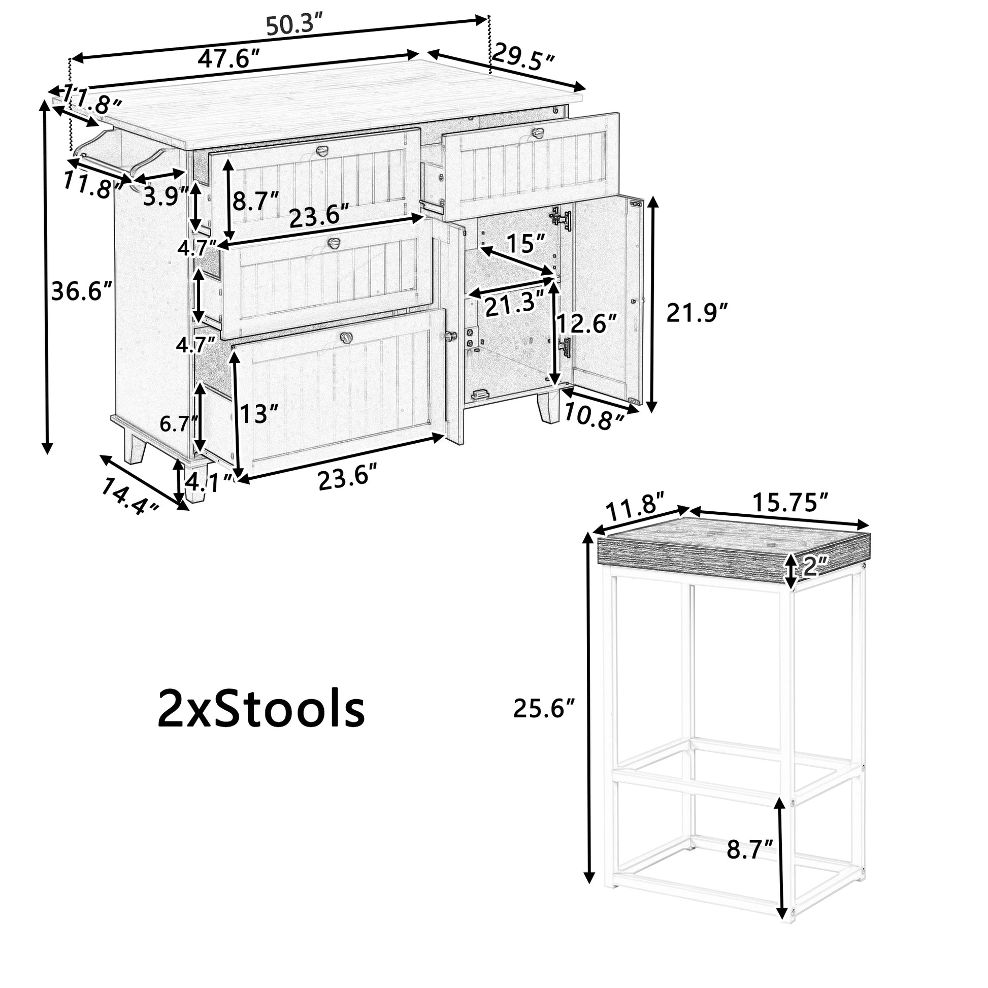 Farmhouse Kitchen Island Set With Drop Leaf And 2 Seatings,Dining Table Set With Storage Cabinet, Drawers And Towel Rack, Black Rustic Brown Black Kitchen Farmhouse Rectangular Kitchen Island Sets