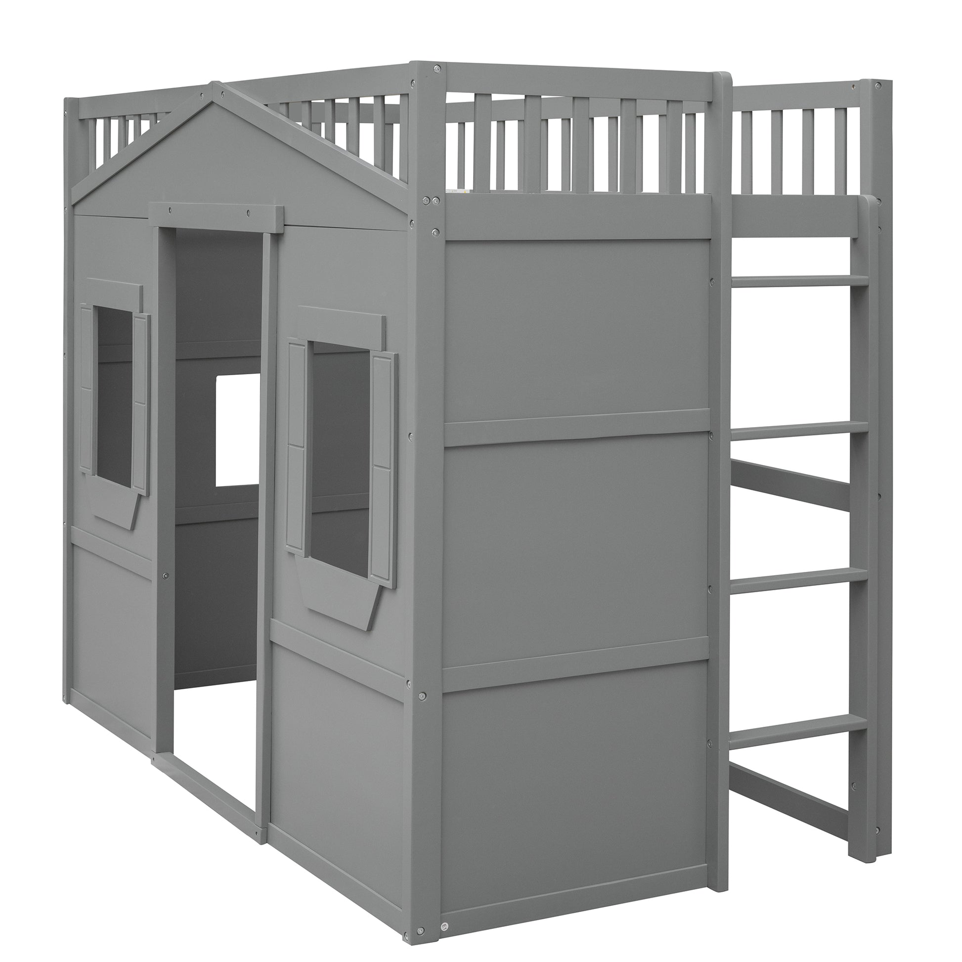 Twin Size House Loft Bed With Ladder Gray Gray Solid Wood