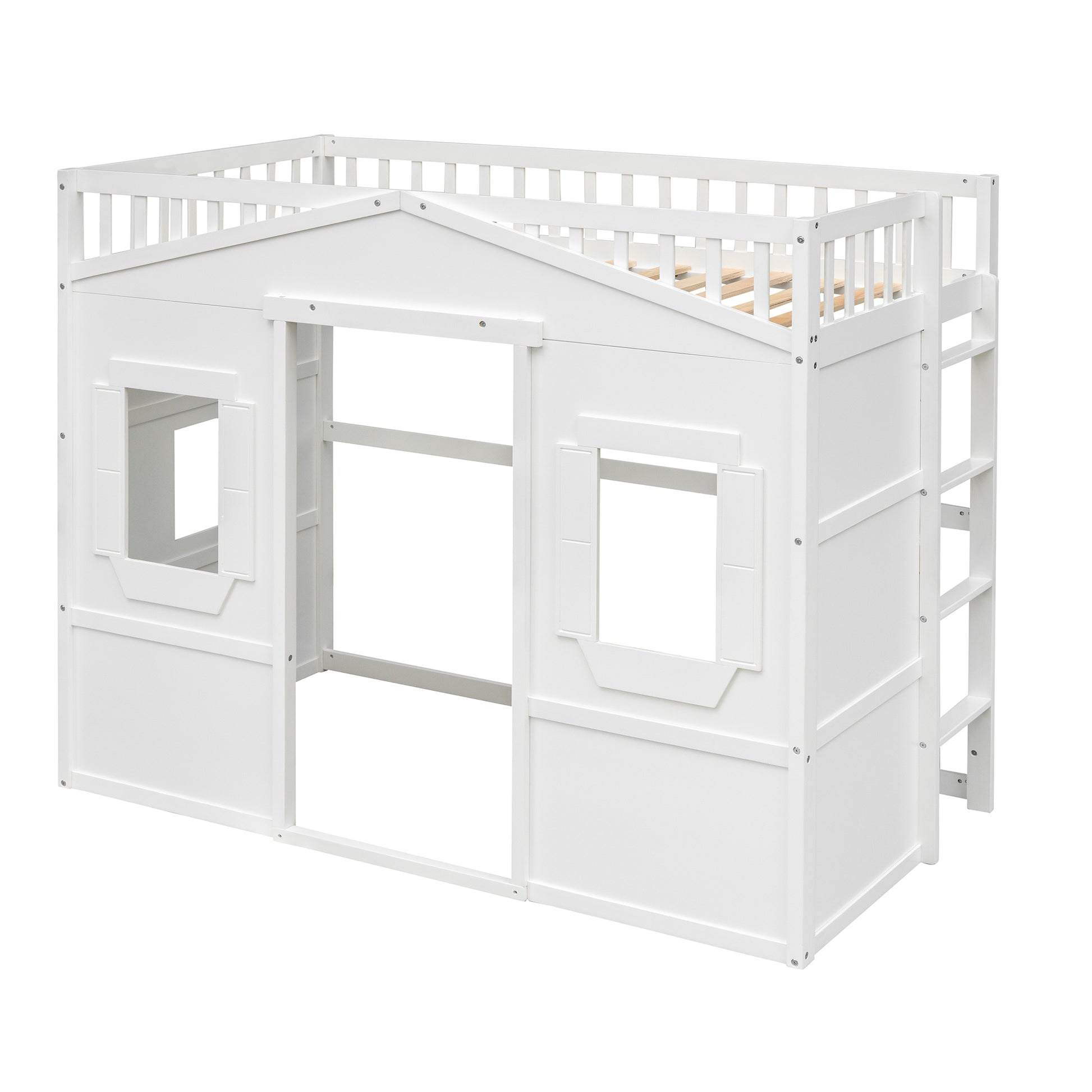 Twin Size House Loft Bed With Ladder White Twin White Solid Wood