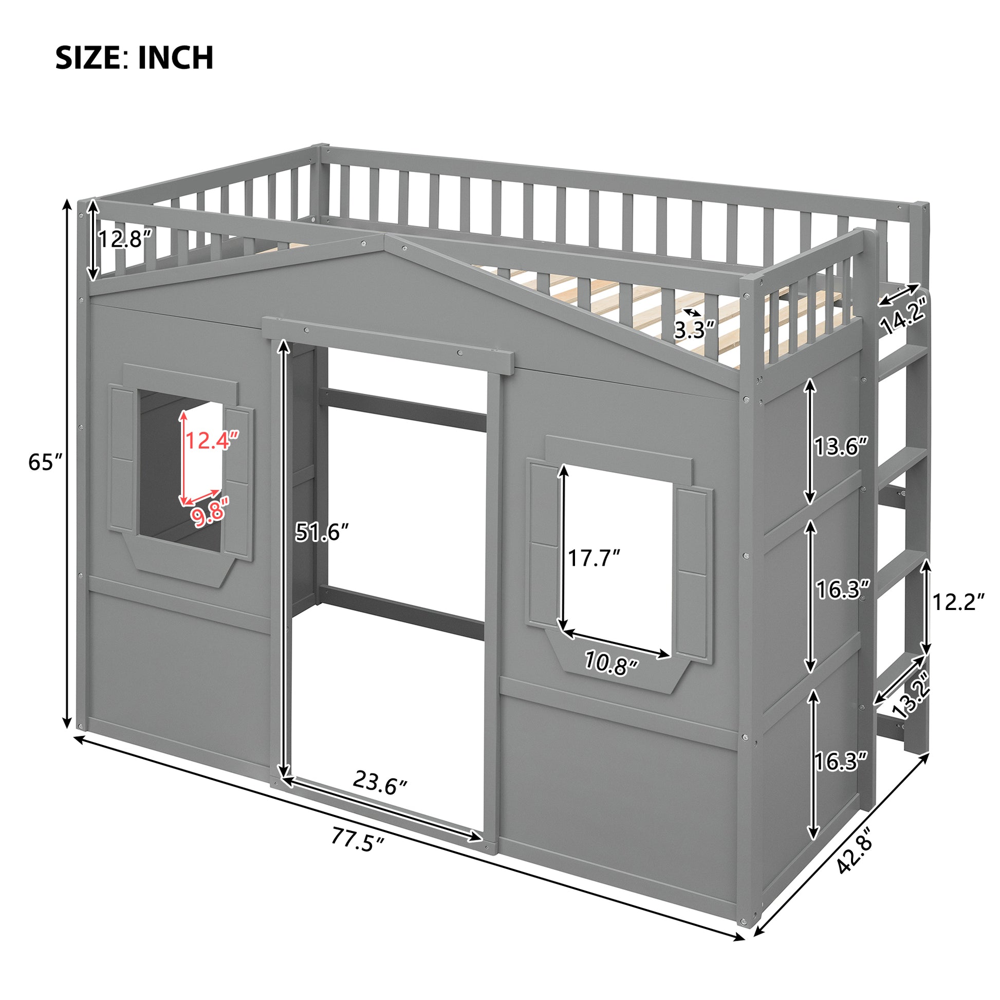 Twin Size House Loft Bed With Ladder Gray Gray Solid Wood