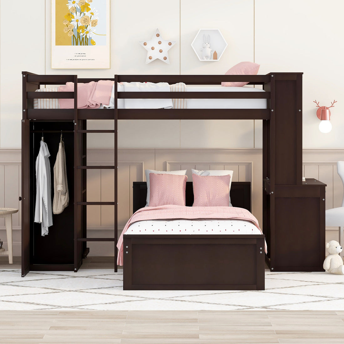 Twin Size Loft Bed With A Stand Alone Bed, Shelves,Desk,And Wardrobe Espresso Espresso Solid Wood