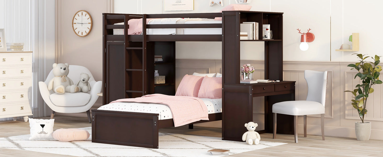 Twin Size Loft Bed With A Stand Alone Bed, Shelves,Desk,And Wardrobe Espresso Espresso Solid Wood