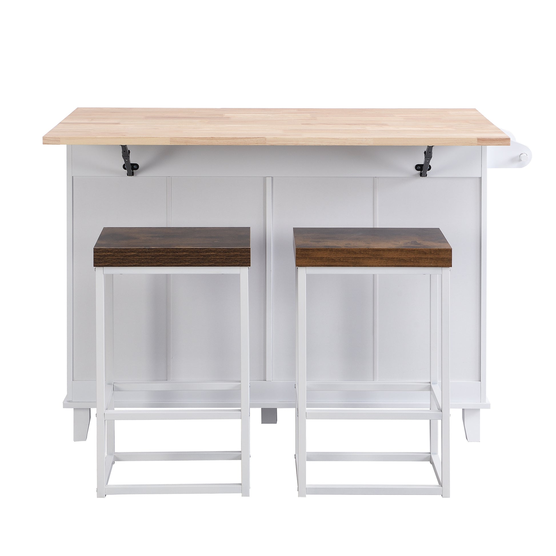 Farmhouse Kitchen Island Set With Drop Leaf And 2 Seatings,Dining Table Set With Storage Cabinet, Drawers And Towel Rack, White Rustic Brown White White Kitchen Farmhouse Rectangular Kitchen Island Sets Rubberwood Solid Wood Small Less Than 40In