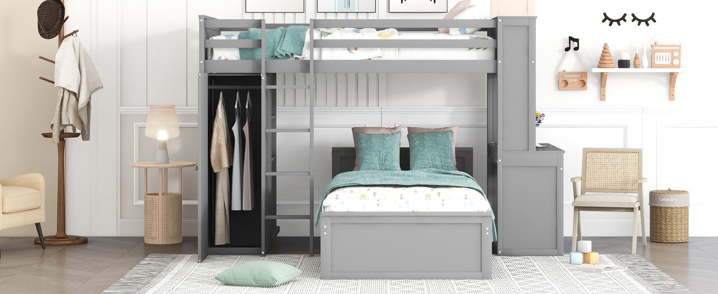 Twin Size Loft Bed With A Stand Alone Bed, Shelves,Desk,And Wardrobe Gray Gray Solid Wood