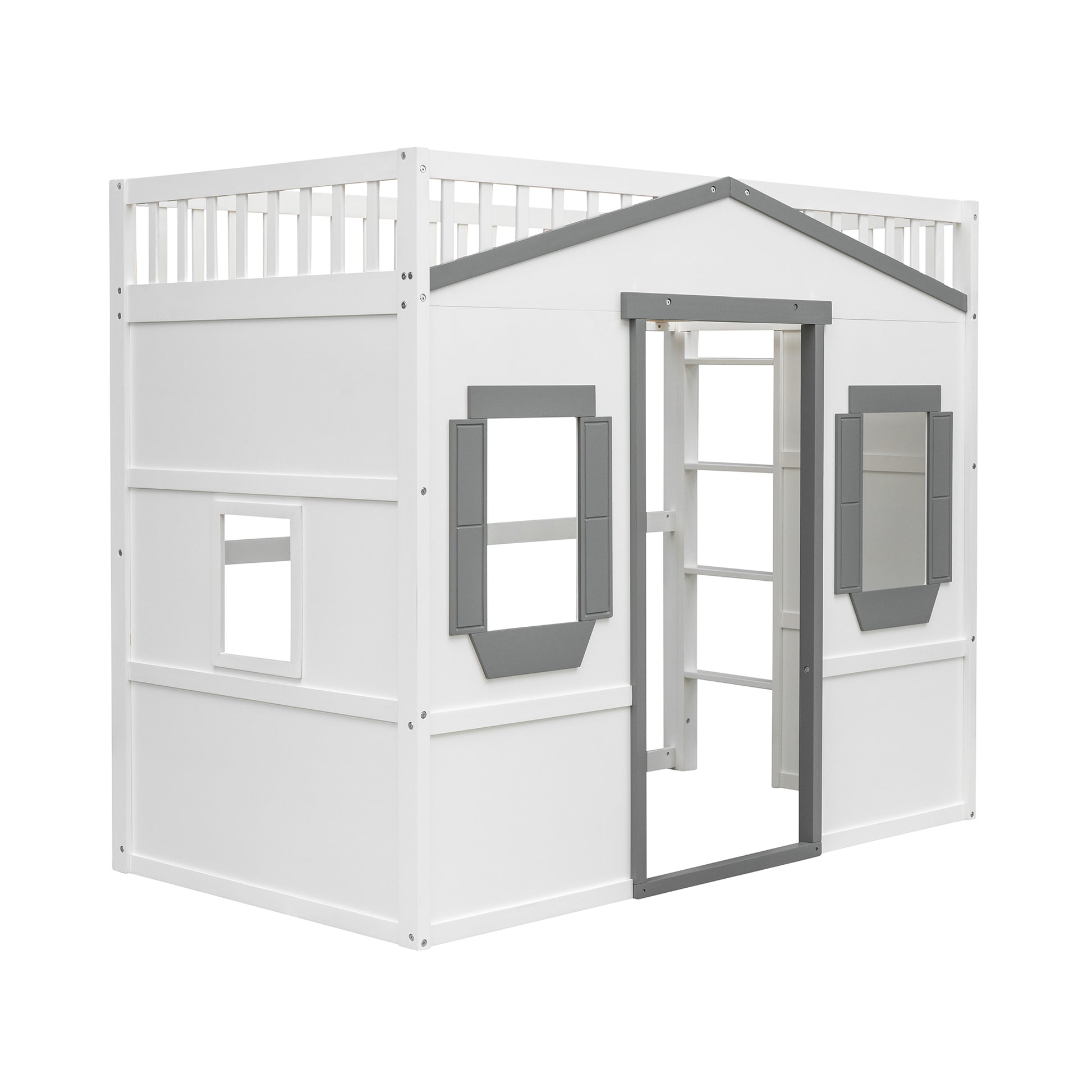 Twin Size House Loft Bed With Ladder White Gray Frame White Gray Solid Wood