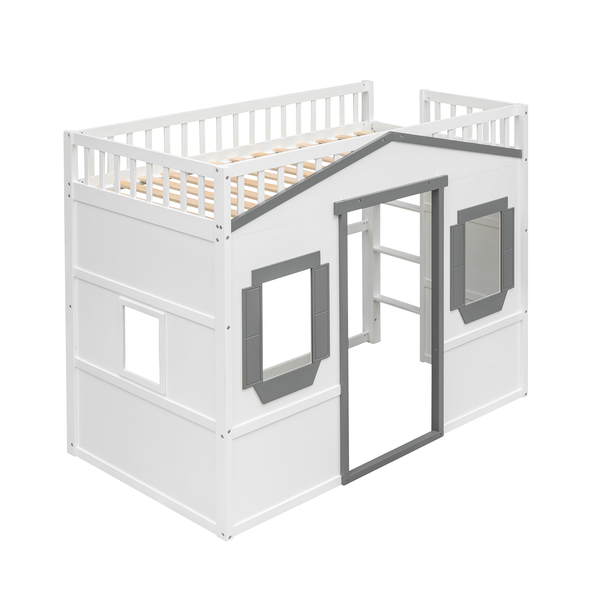 Twin Size House Loft Bed With Ladder White Gray Frame White Gray Solid Wood