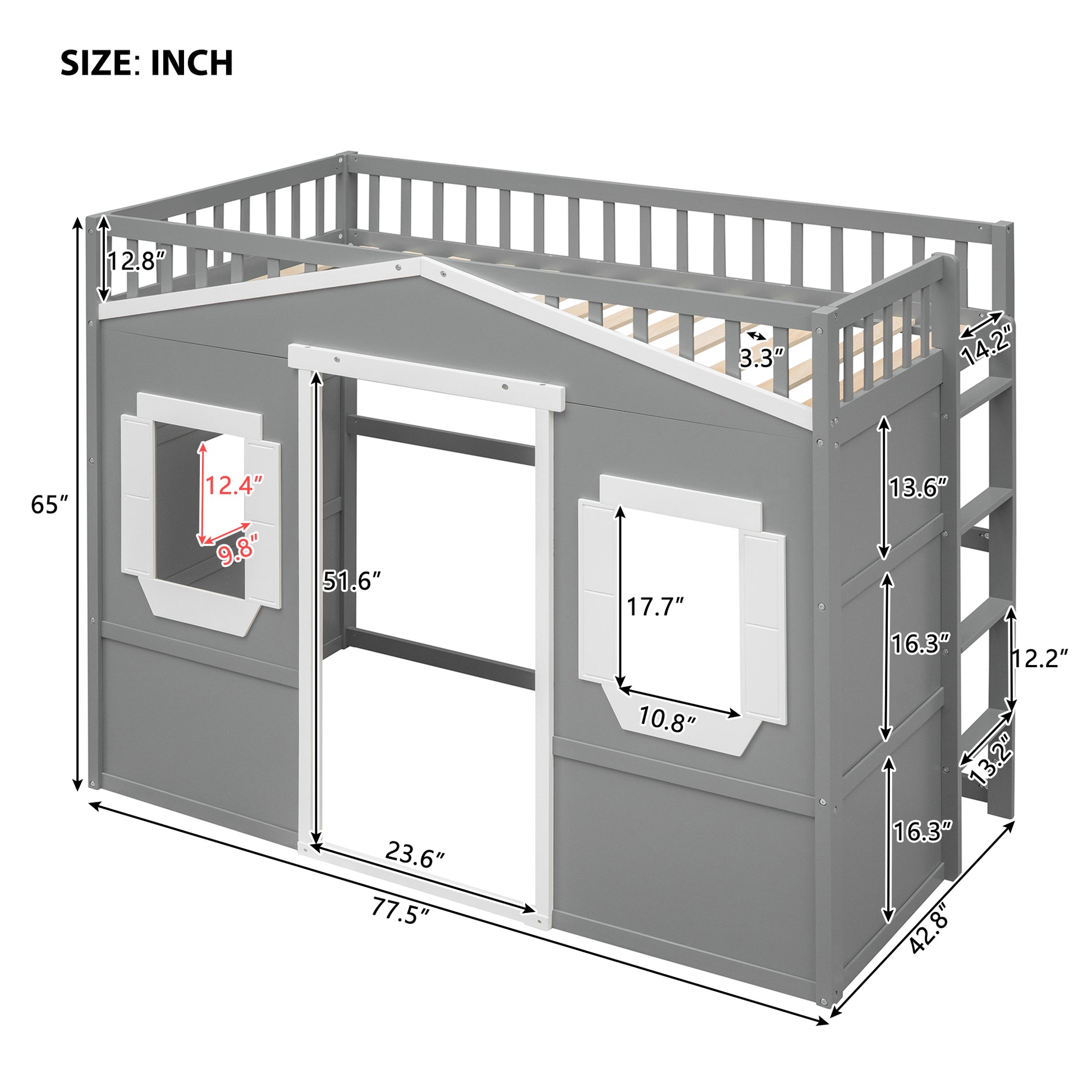 Twin Size House Loft Bed With Ladder Gray White Frame White Gray Solid Wood