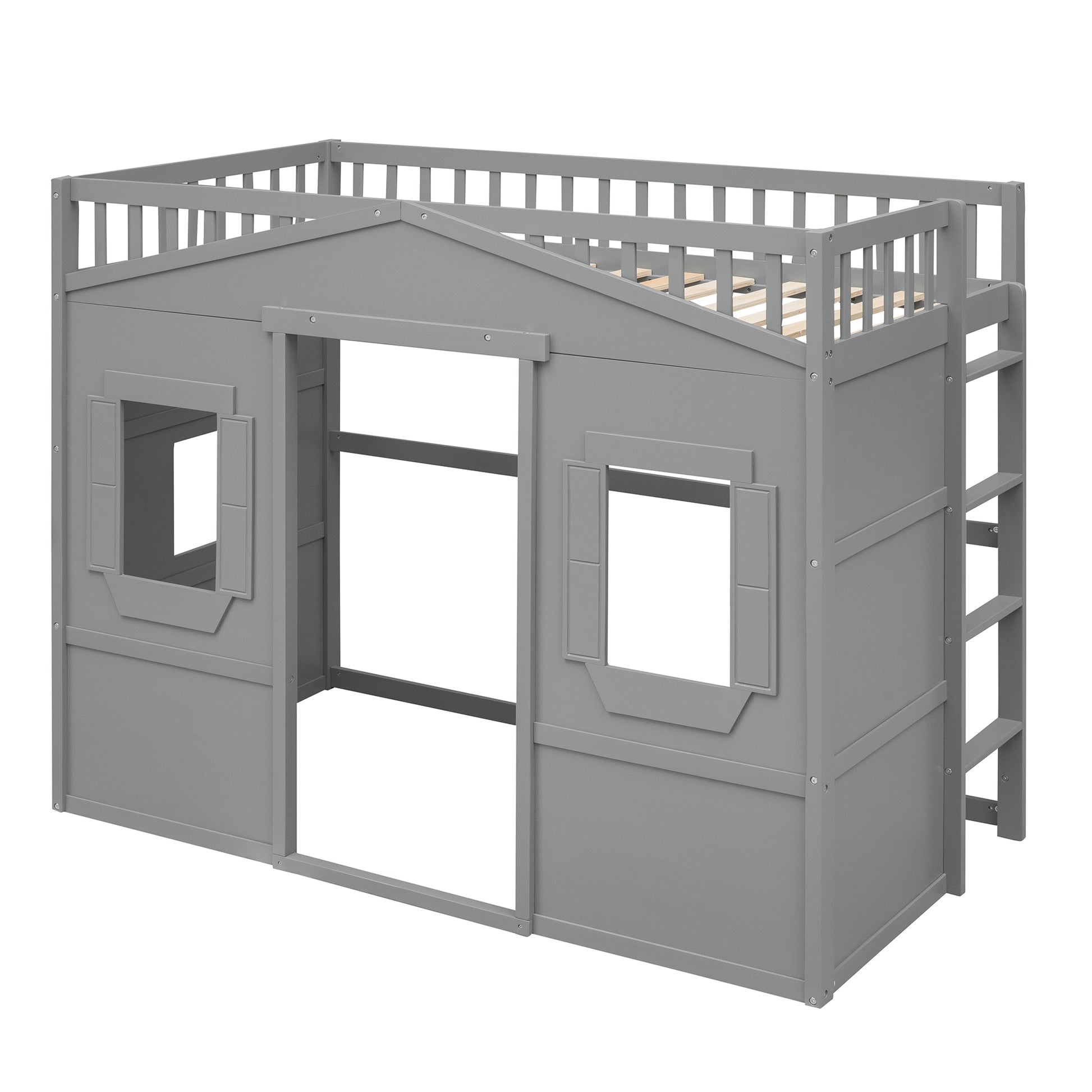 Twin Size House Loft Bed With Ladder Gray Gray Solid Wood