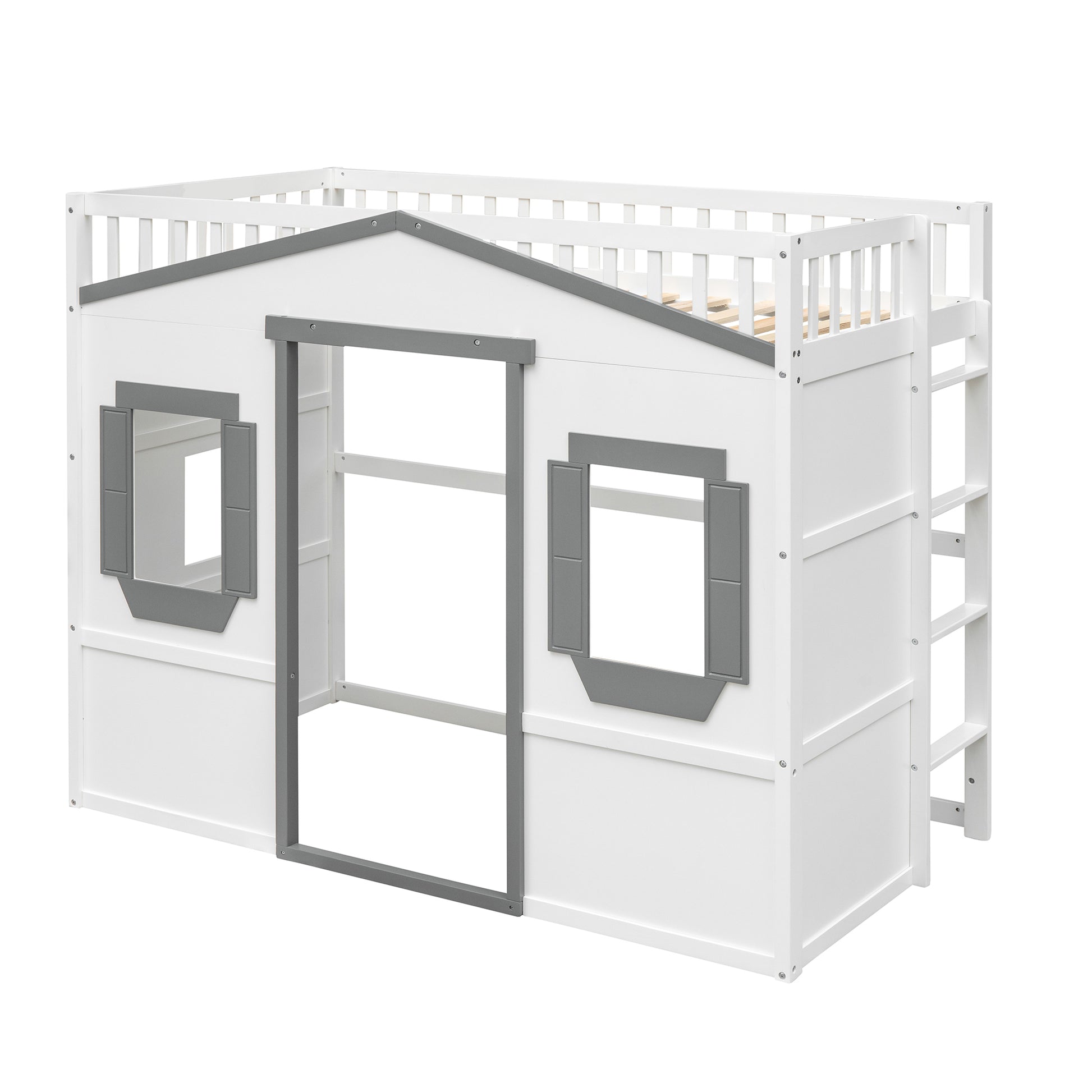 Twin Size House Loft Bed With Ladder White Gray Frame White Gray Solid Wood