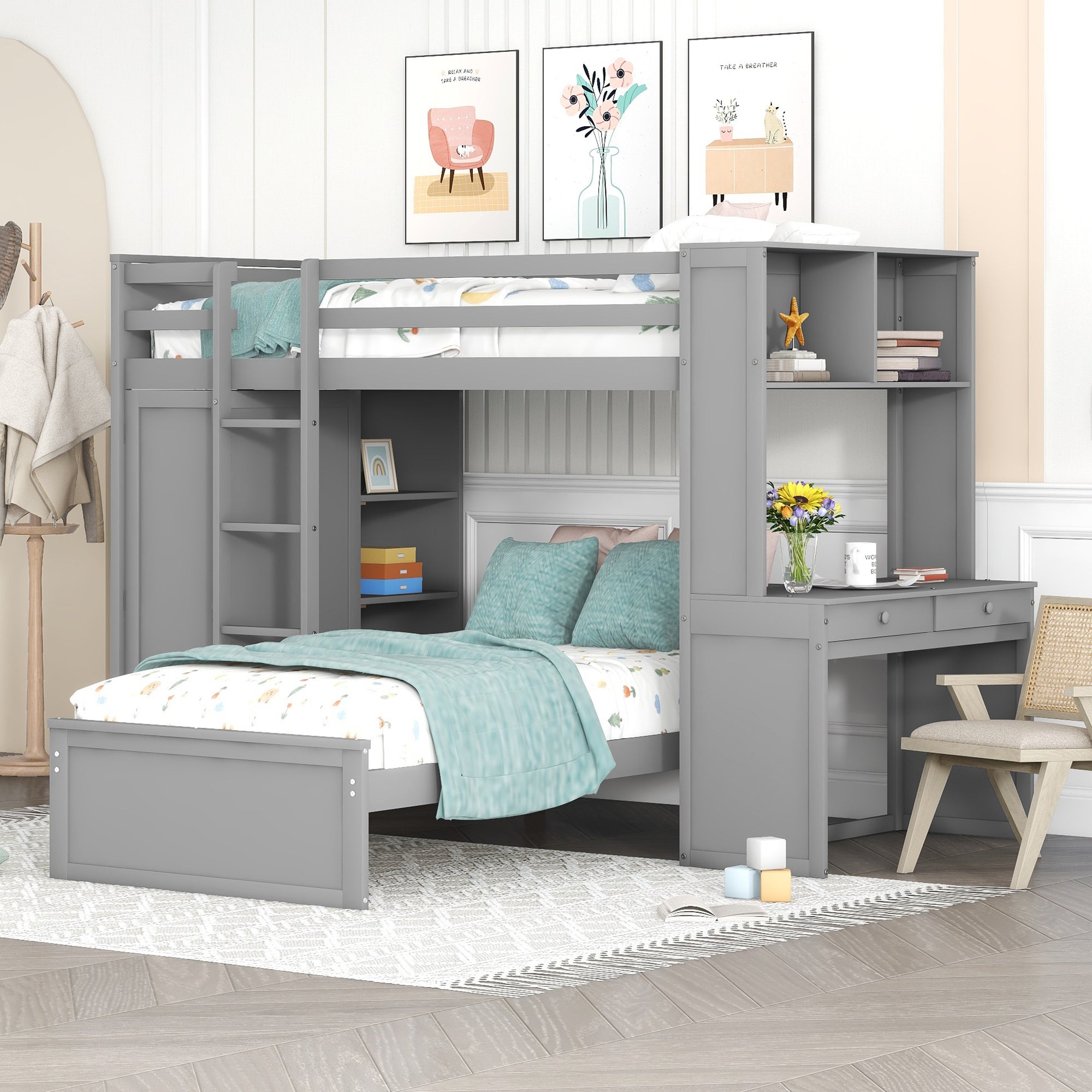 Twin Size Loft Bed With A Stand Alone Bed, Shelves,Desk,And Wardrobe Gray Gray Solid Wood