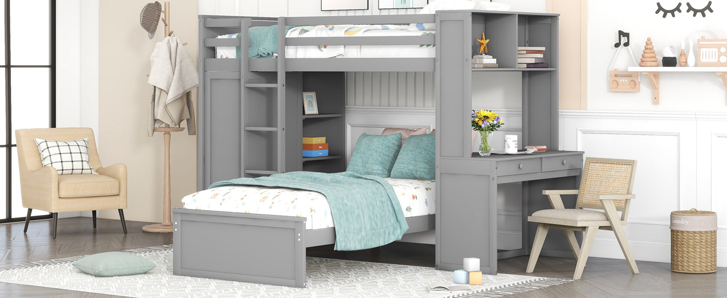 Twin Size Loft Bed With A Stand Alone Bed, Shelves,Desk,And Wardrobe Gray Gray Solid Wood