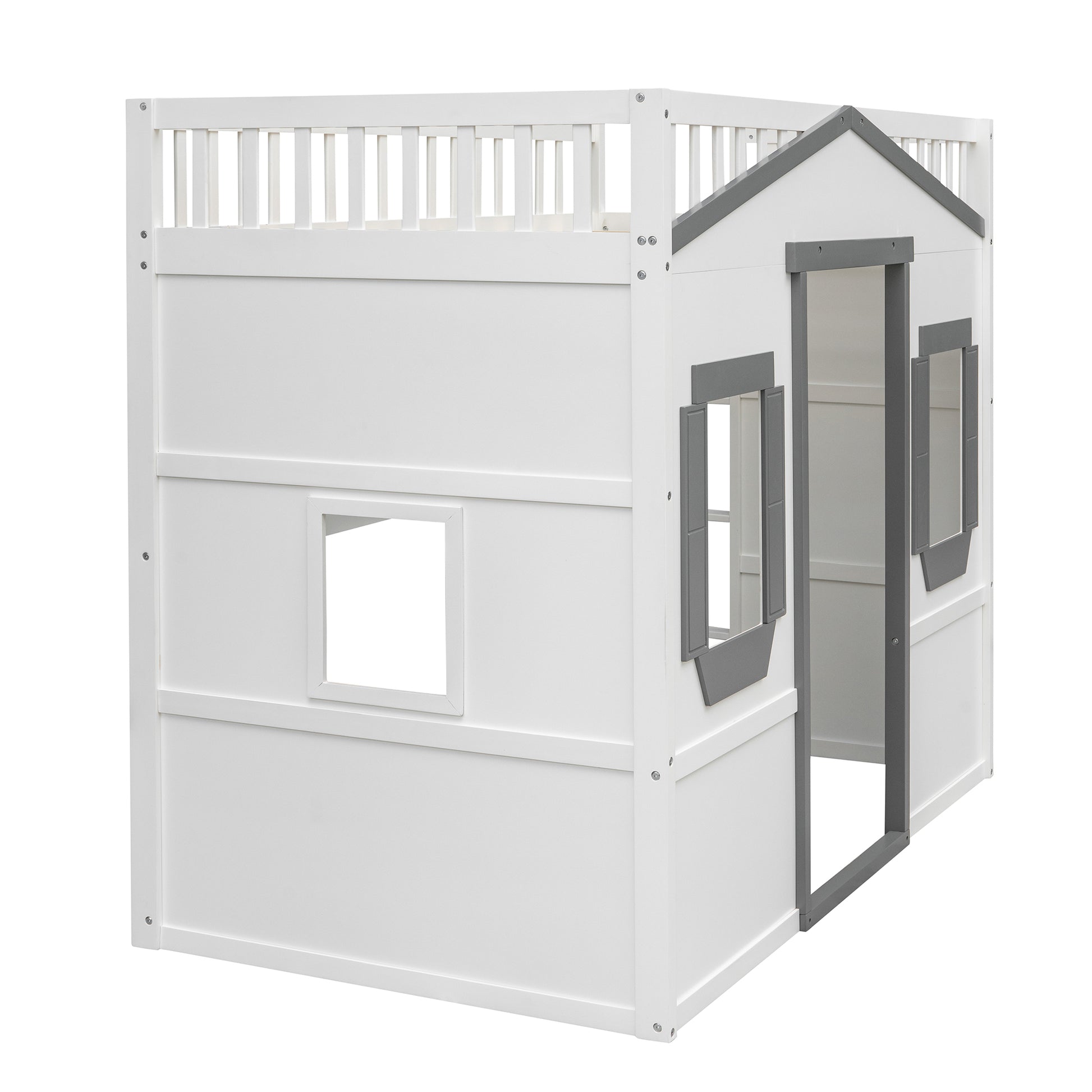 Twin Size House Loft Bed With Ladder White Gray Frame White Gray Solid Wood