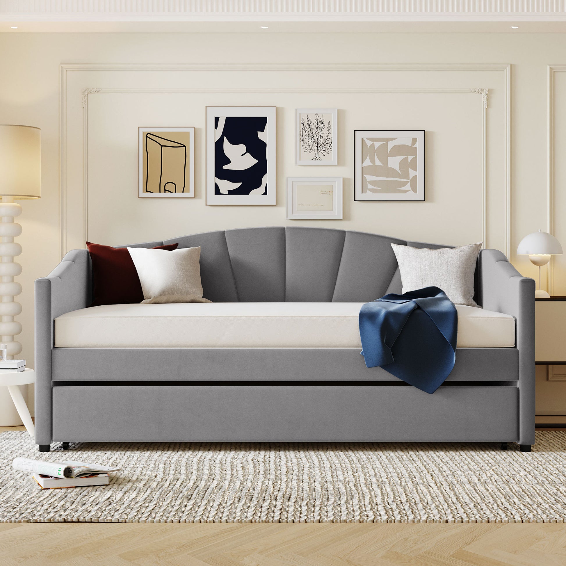 Upholstered Daybed Sofa Bed Twin Size With Trundle Bed And Wood Slat ,Gray Gray Upholstered