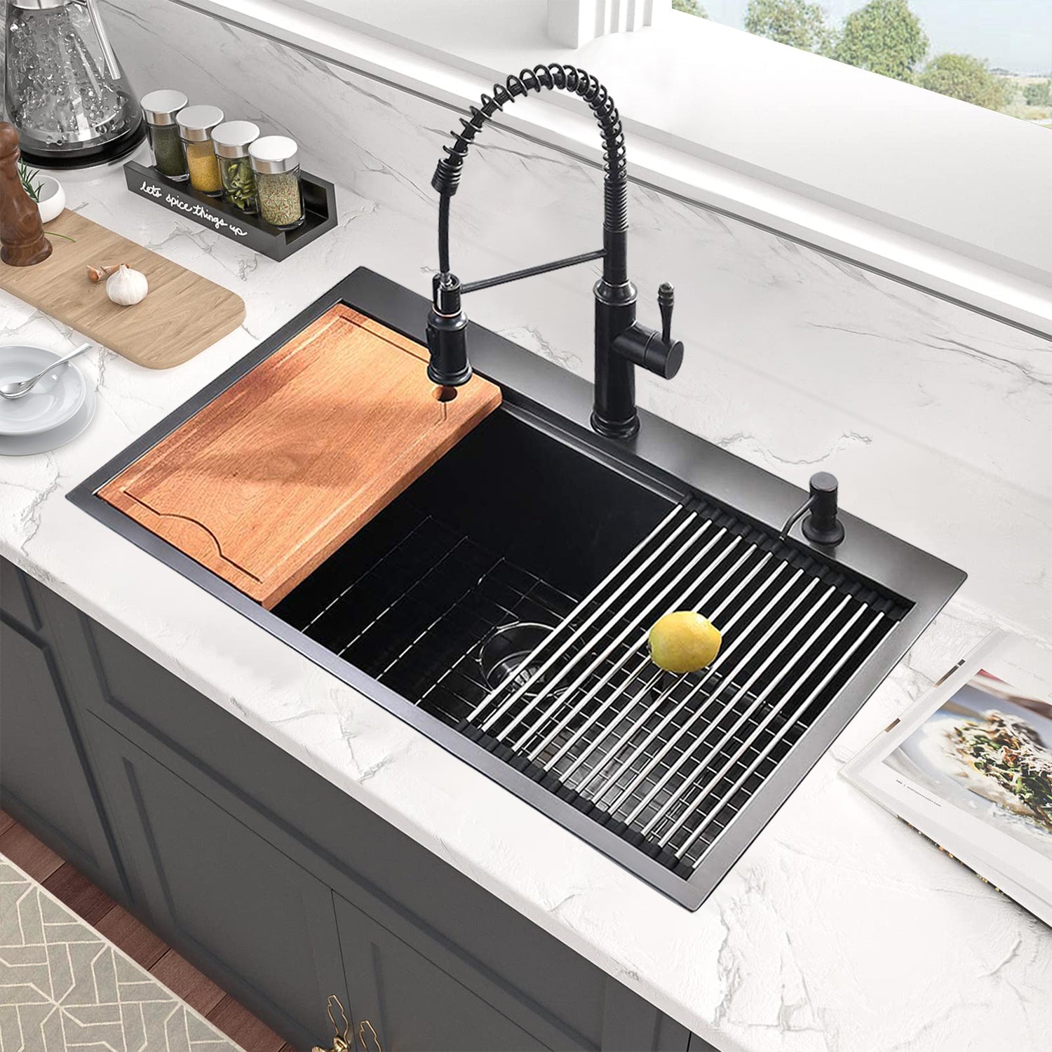 Workstation 33 Inch Drop In Kitchen Sink R10 Radius Stainless Steel Kitchen Sink Single Bowl With Intergrated Ledge & Accessories Pack Of 5 33"X22"X10" Matte Black Stainless Steel