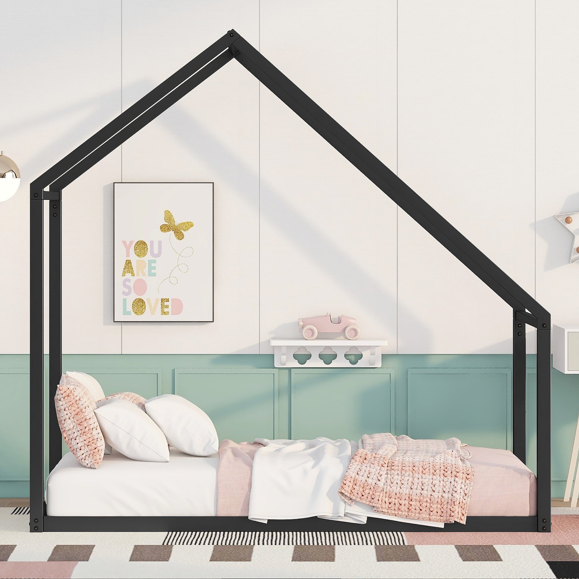 Twin Size Metal House Bed Kids Bed, Black Black Metal