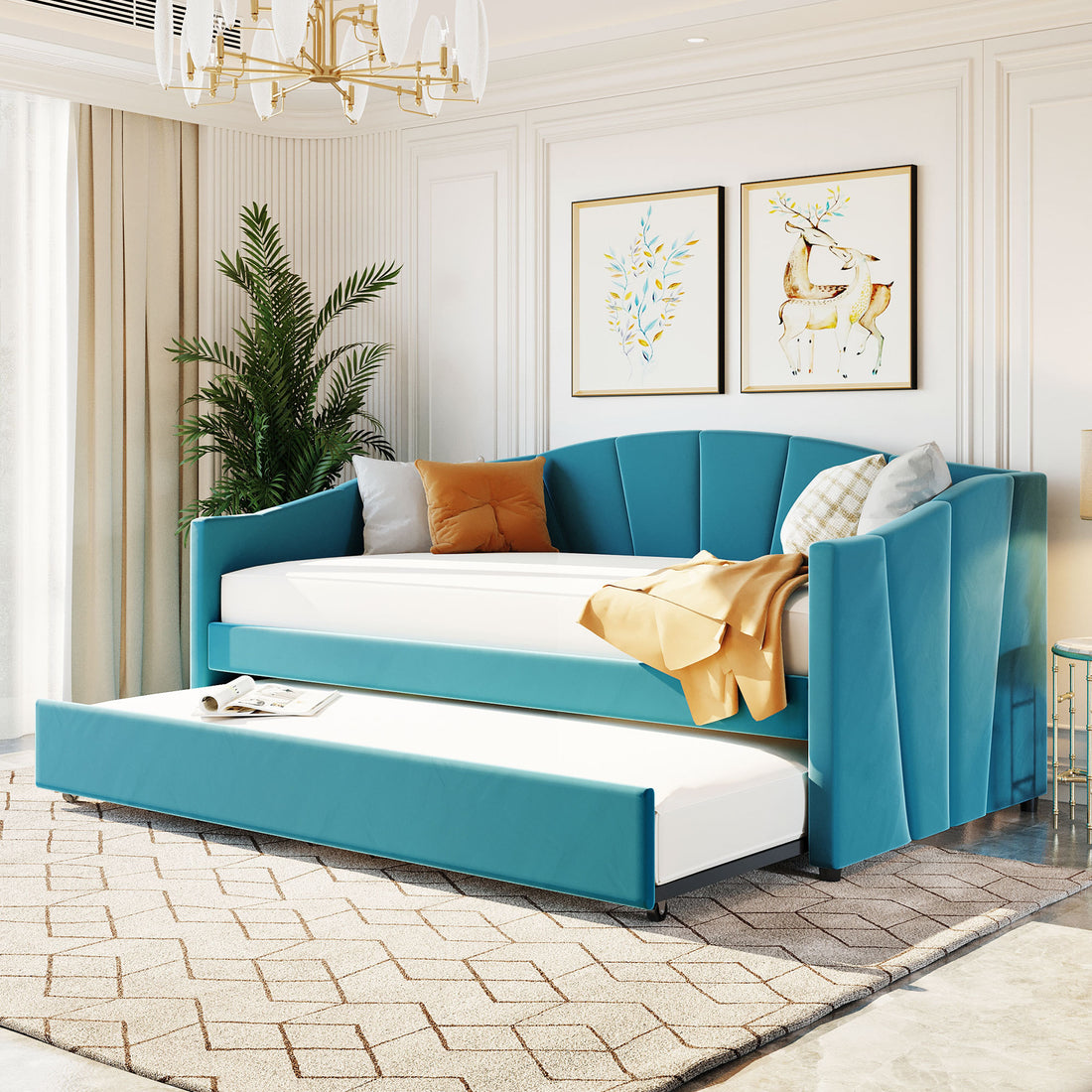 Upholstered Daybed Sofa Bed Twin Size With Trundle Bed And Wood Slat ,Blue Blue Upholstered