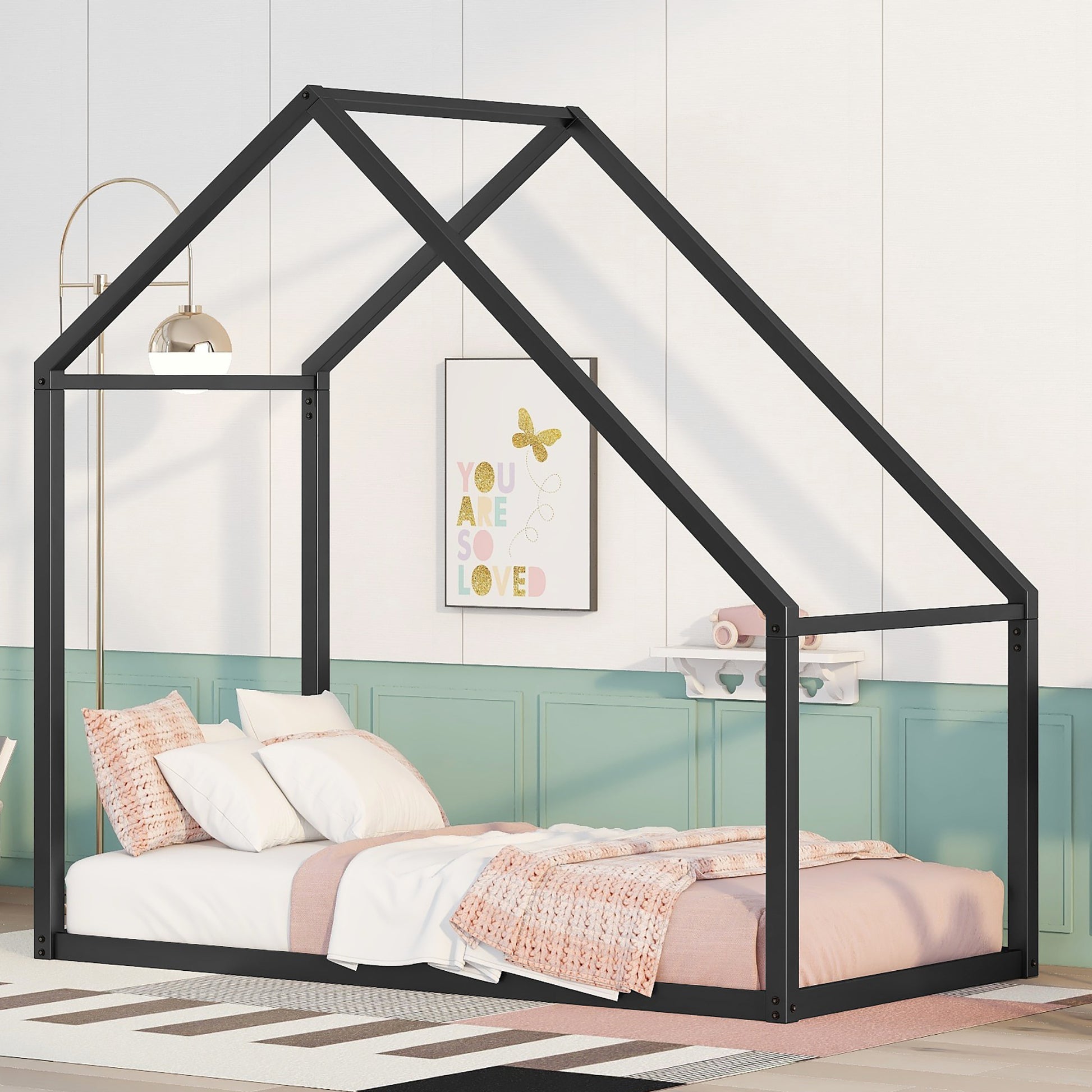 Twin Size Metal House Bed Kids Bed, Black Black Metal