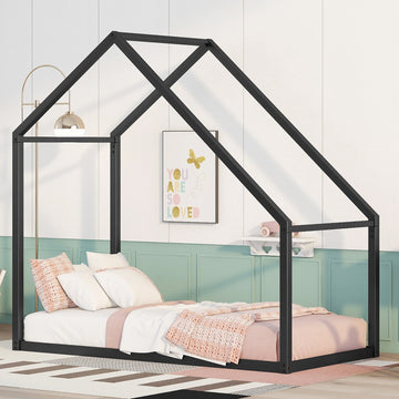 Twin Size Metal House Bed Kids Bed, Black Black Metal