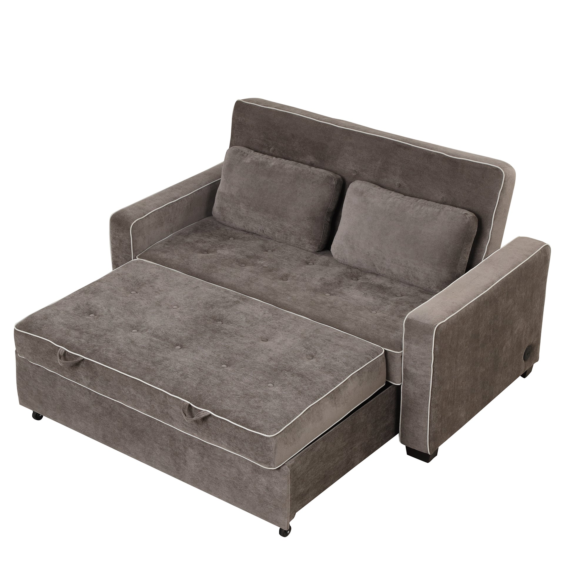 66.5" Upholstered Sleeper Bedpull Out Sofa Bed Couch Attached Two Throw Pillows,Dual Usb Charging Port And Adjustable Backrest For Living Room Space,Brown Gray Brown Gray Foam Polyester 2 Seat