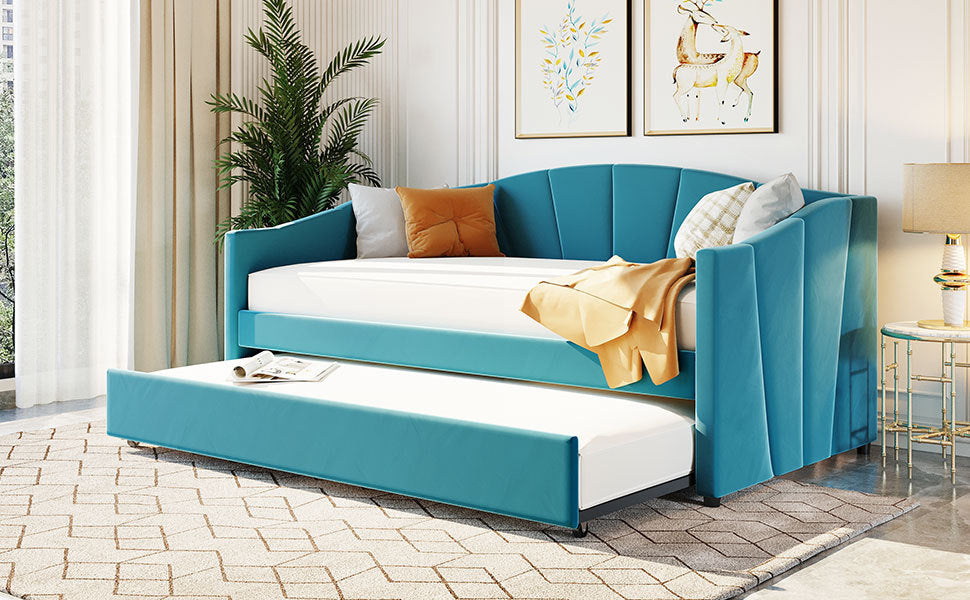 Upholstered Daybed Sofa Bed Twin Size With Trundle Bed And Wood Slat ,Blue Blue Upholstered