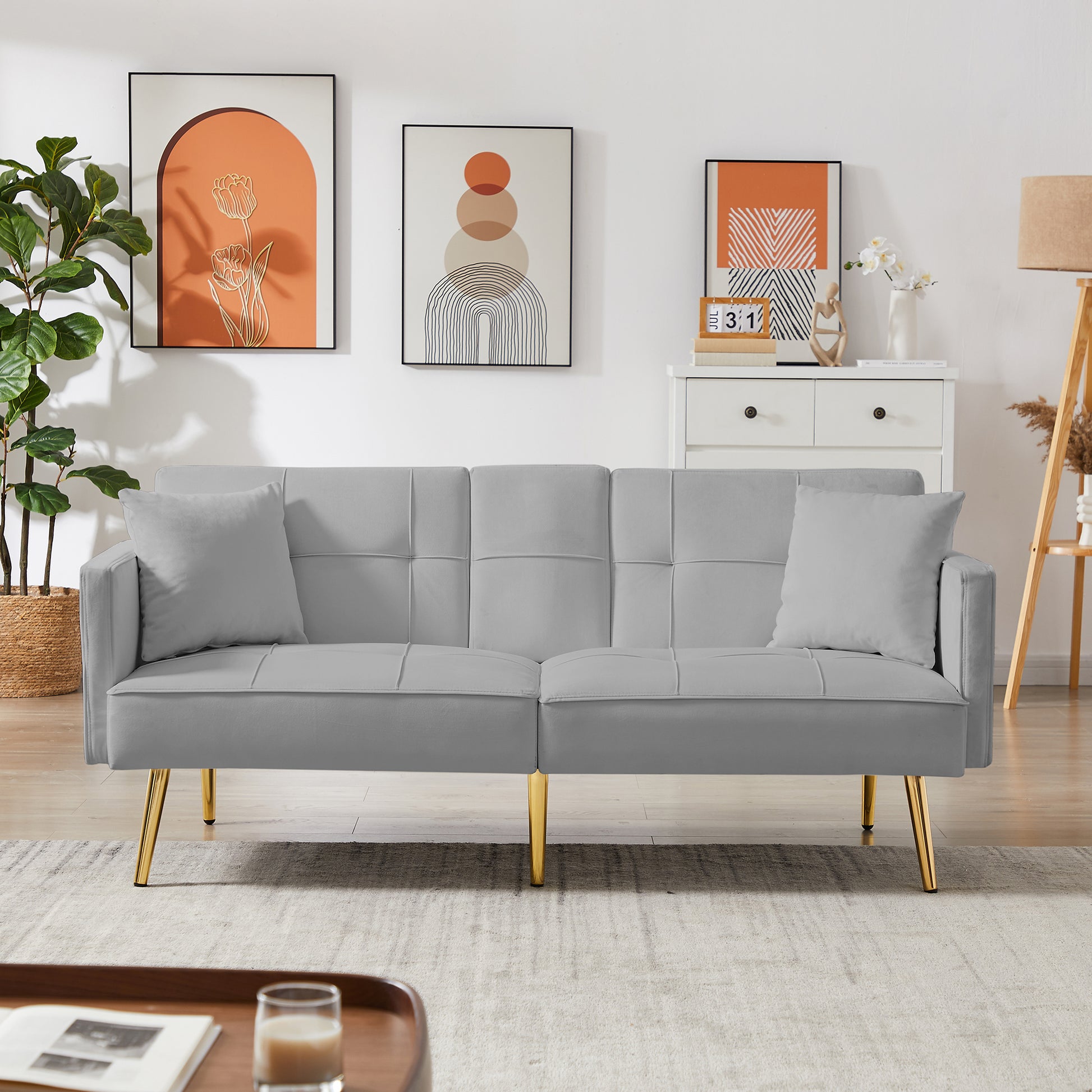 Grey Velvet Futon Sofa Bed With Gold Metal Legs Grey Velvet Wood Tufted Back Eucalyptus Square Arms Foam Velvet 2 Seat
