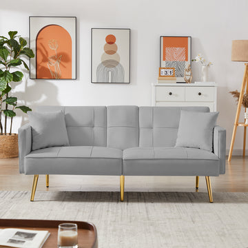 Grey Velvet Futon Sofa Bed With Gold Metal Legs Grey Velvet Wood Tufted Back Eucalyptus Square Arms Foam Velvet 2 Seat