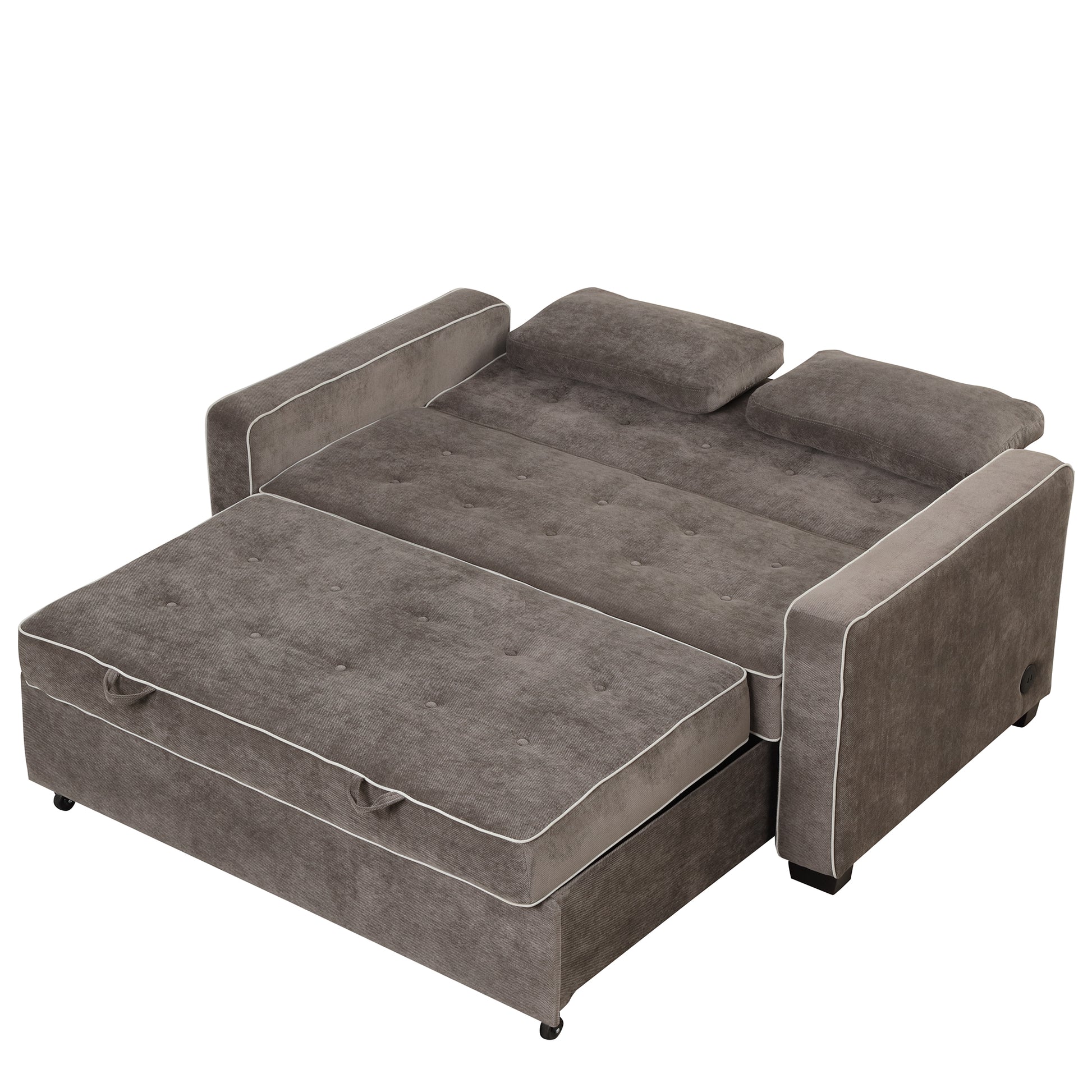 66.5" Upholstered Sleeper Bedpull Out Sofa Bed Couch Attached Two Throw Pillows,Dual Usb Charging Port And Adjustable Backrest For Living Room Space,Brown Gray Brown Gray Foam Polyester 2 Seat