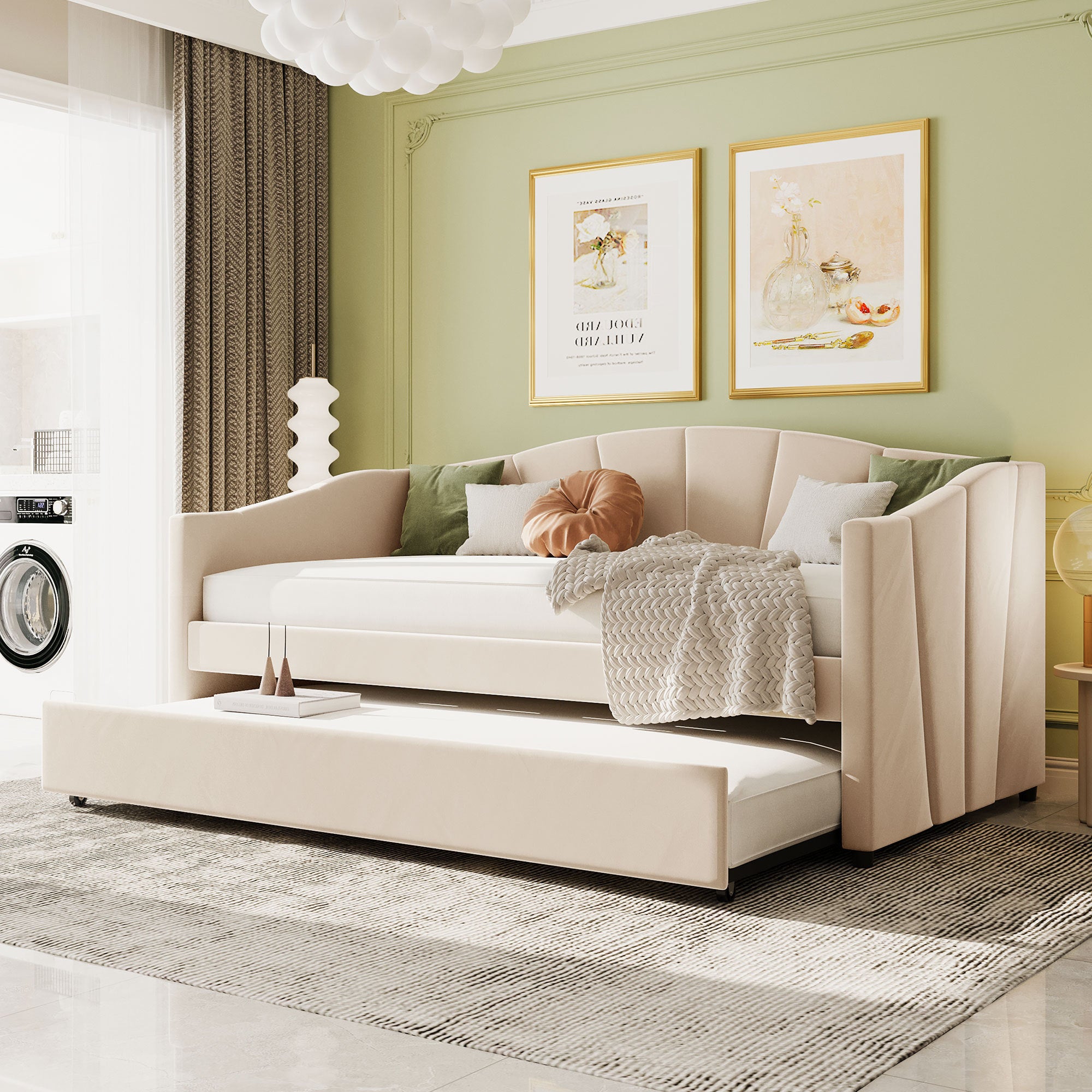 Upholstered Daybed Sofa Bed Twin Size With Trundle Bed And Wood Slat ,Beige Beige Upholstered