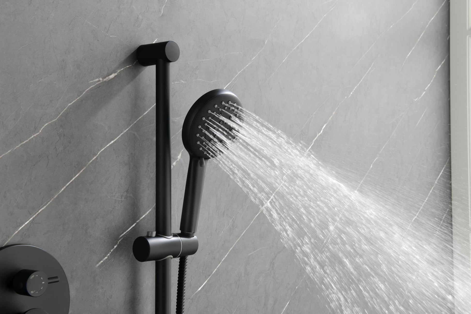 Shower System With Shower Head, Hand Shower, Slide Bar, Bodysprays, Shower Arm, Hose, Valve Trim, And Lever Handles Matte Black Brass