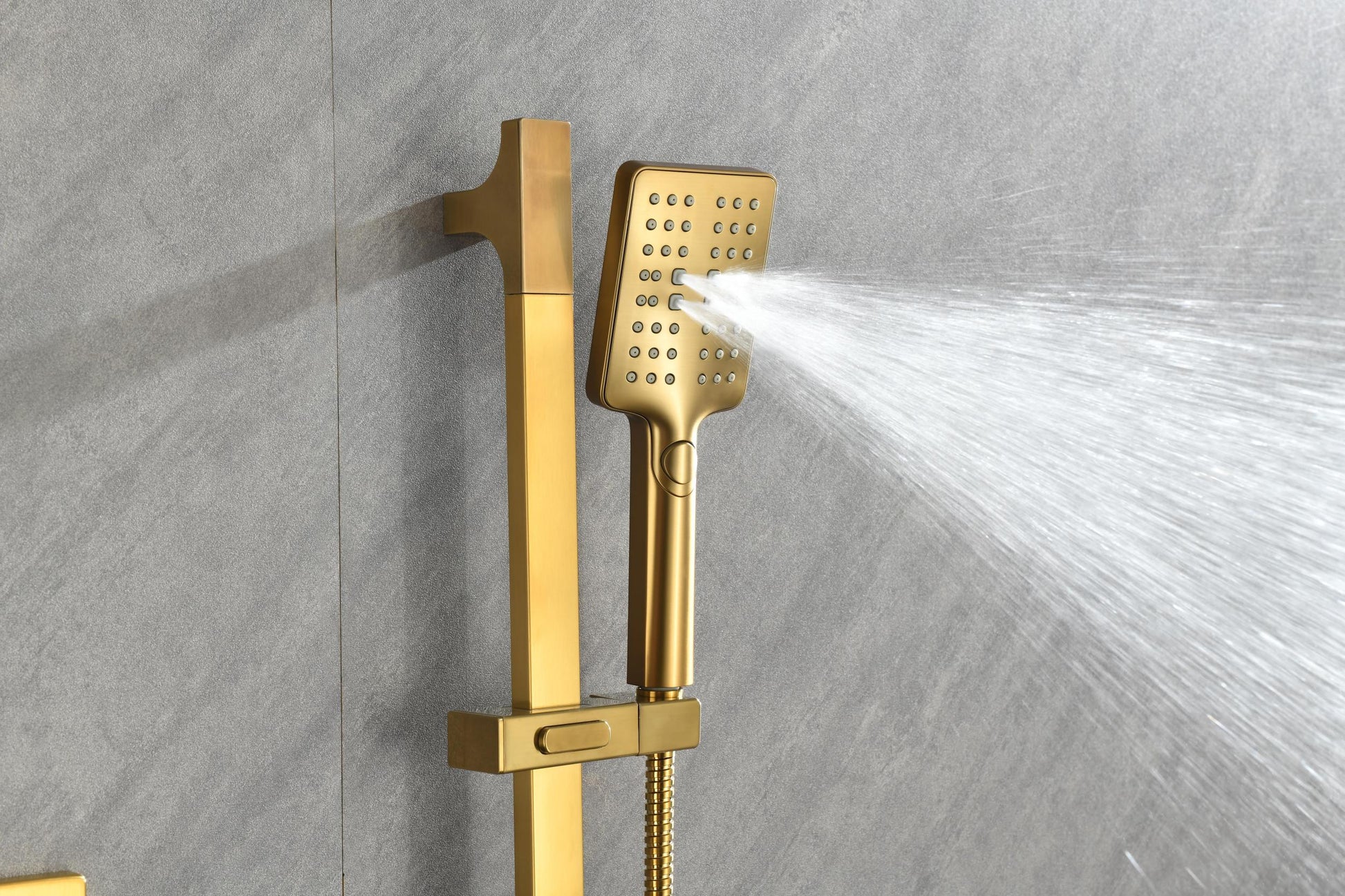 Shower System With Shower Head, Hand Shower, Slide Bar, Bodysprays, Shower Arm, Hose, Valve Trim, And Lever Handles Brushed Gold Brass