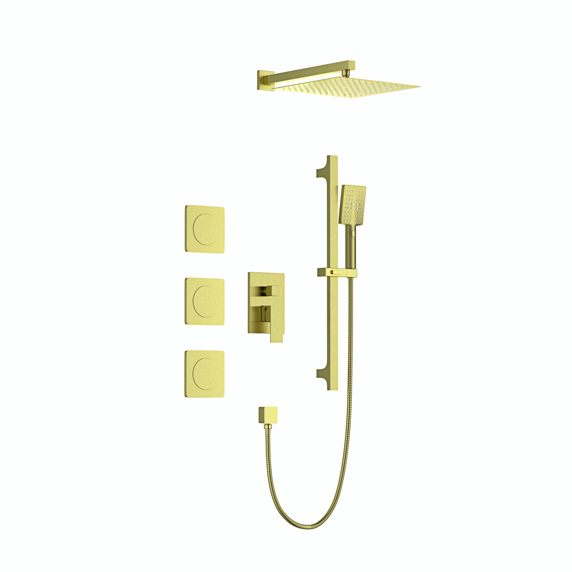 Shower System With Shower Head, Hand Shower, Slide Bar, Bodysprays, Shower Arm, Hose, Valve Trim, And Lever Handles Brushed Gold Brass