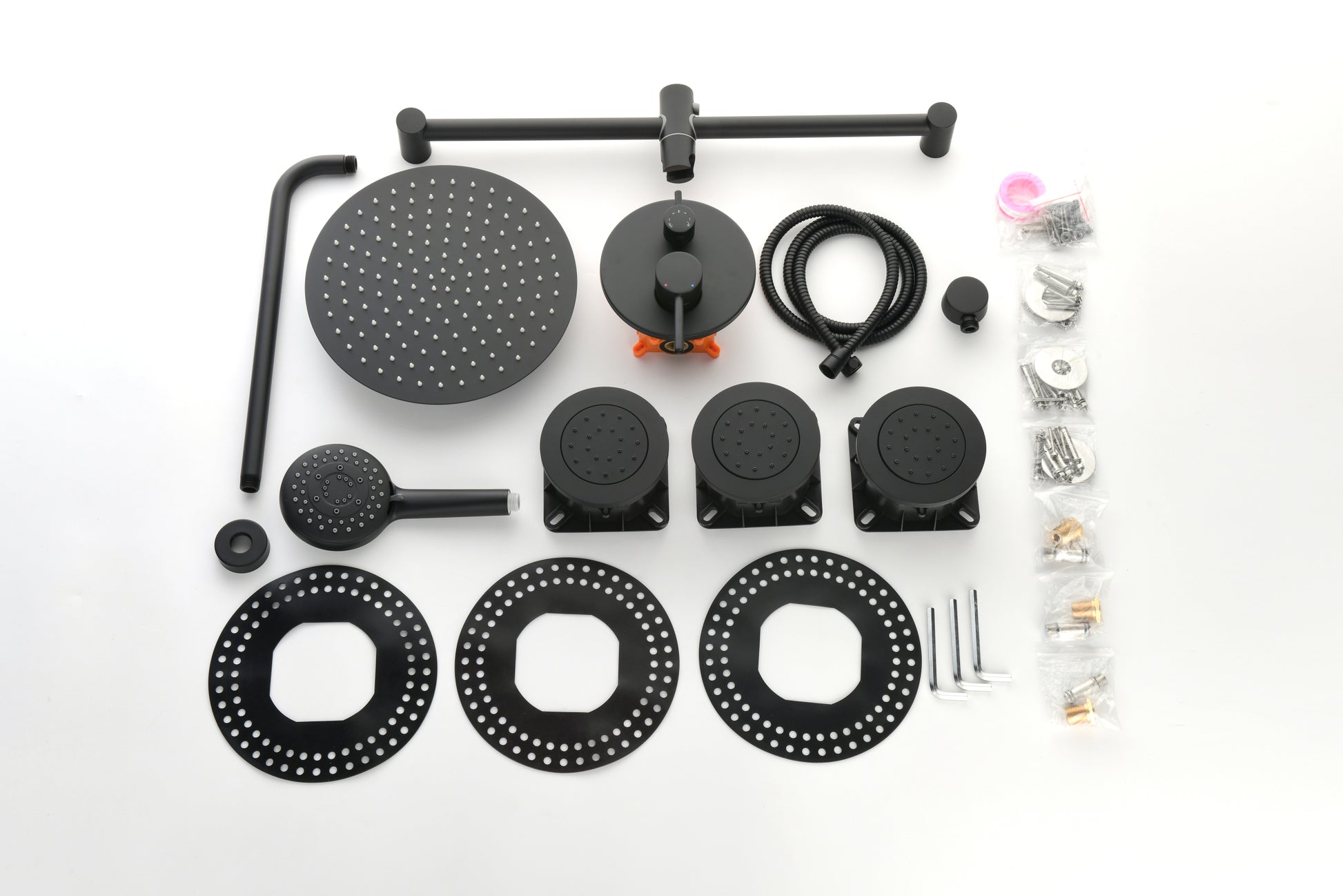 Shower System With Shower Head, Hand Shower, Slide Bar, Bodysprays, Shower Arm, Hose, Valve Trim, And Lever Handles Matte Black Brass