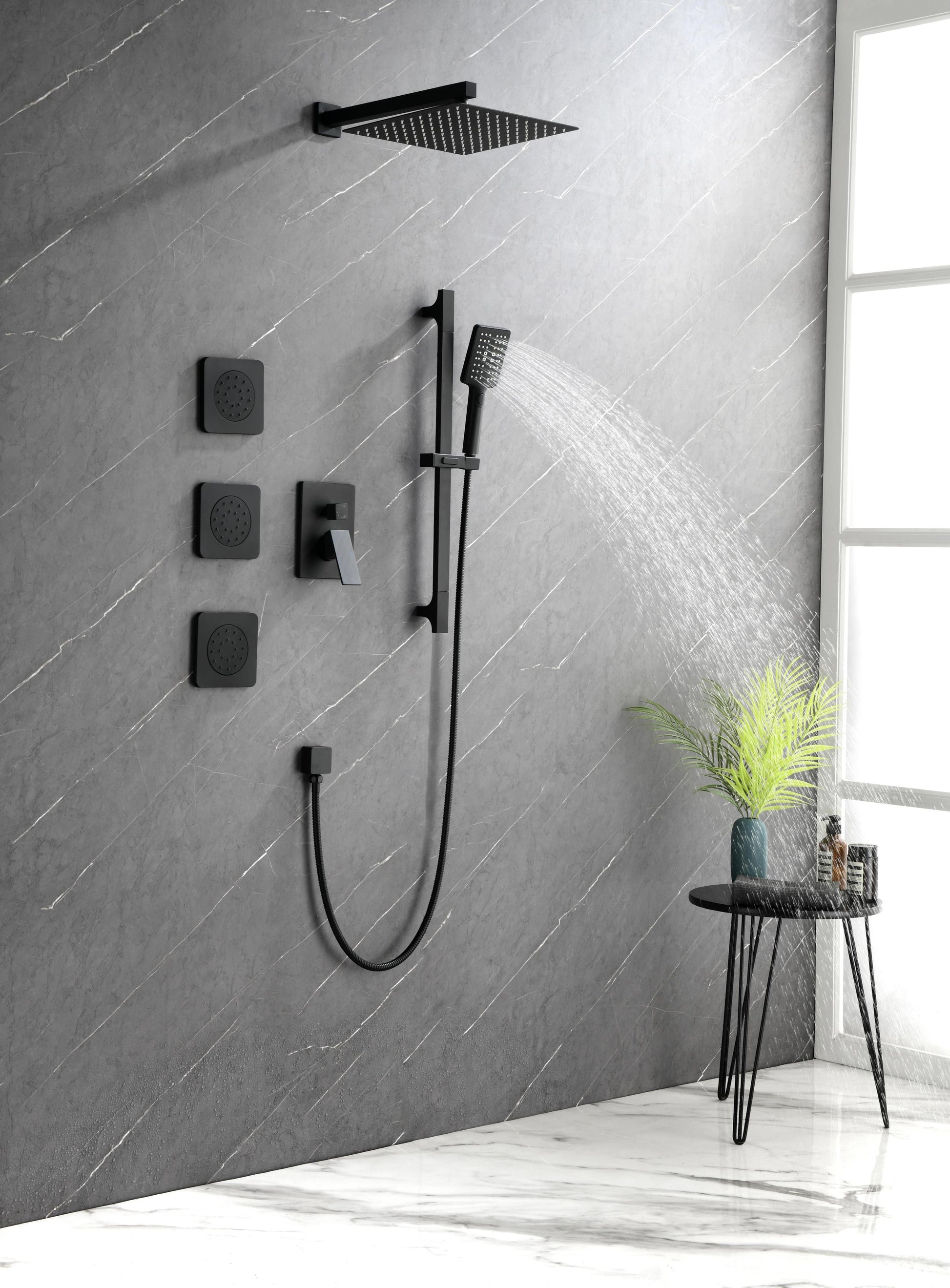 Shower System With Shower Head, Hand Shower, Slide Bar, Bodysprays, Shower Arm, Hose, Valve Trim, And Lever Handles Matte Black Brass