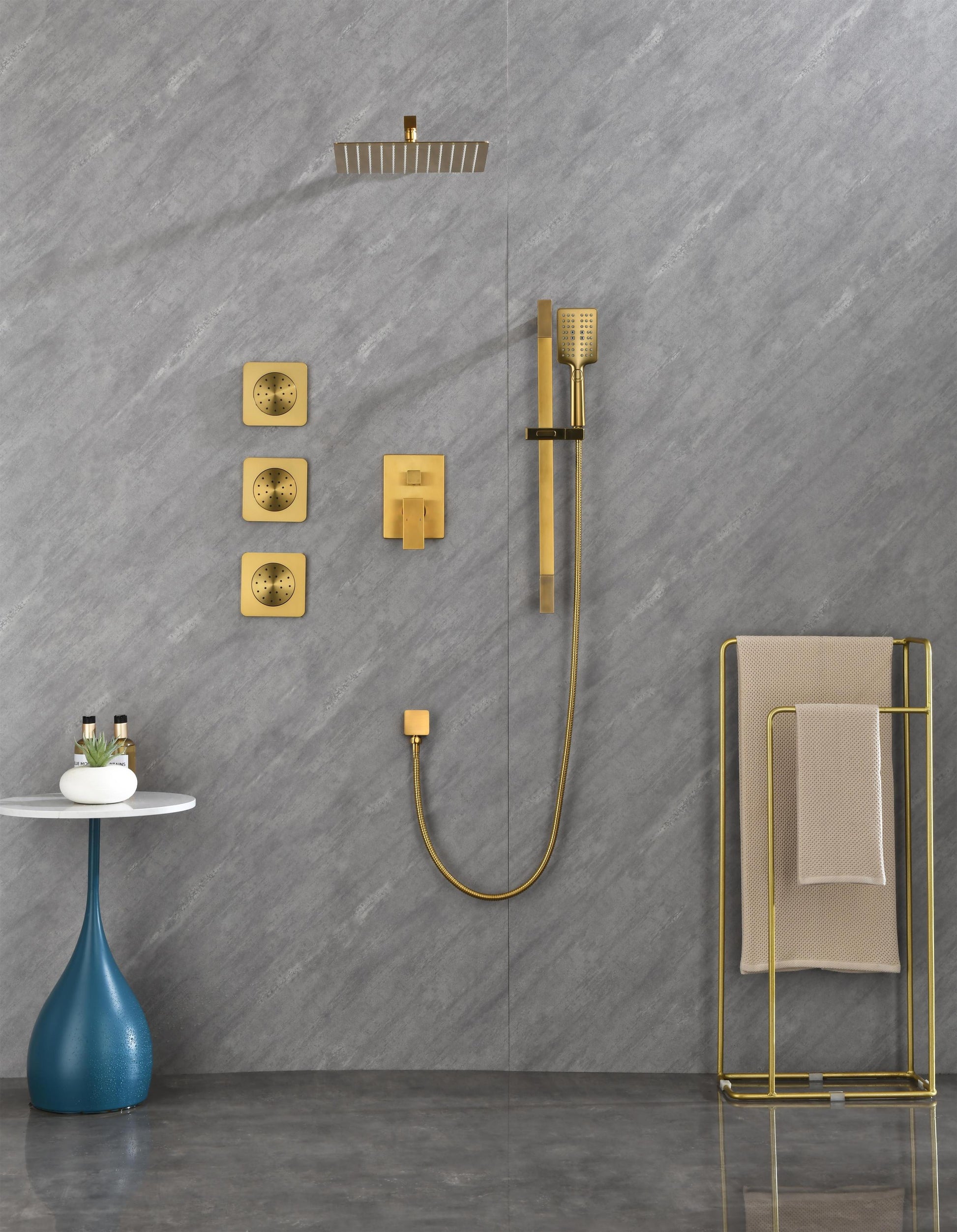 Shower System With Shower Head, Hand Shower, Slide Bar, Bodysprays, Shower Arm, Hose, Valve Trim, And Lever Handles Brushed Gold Brass