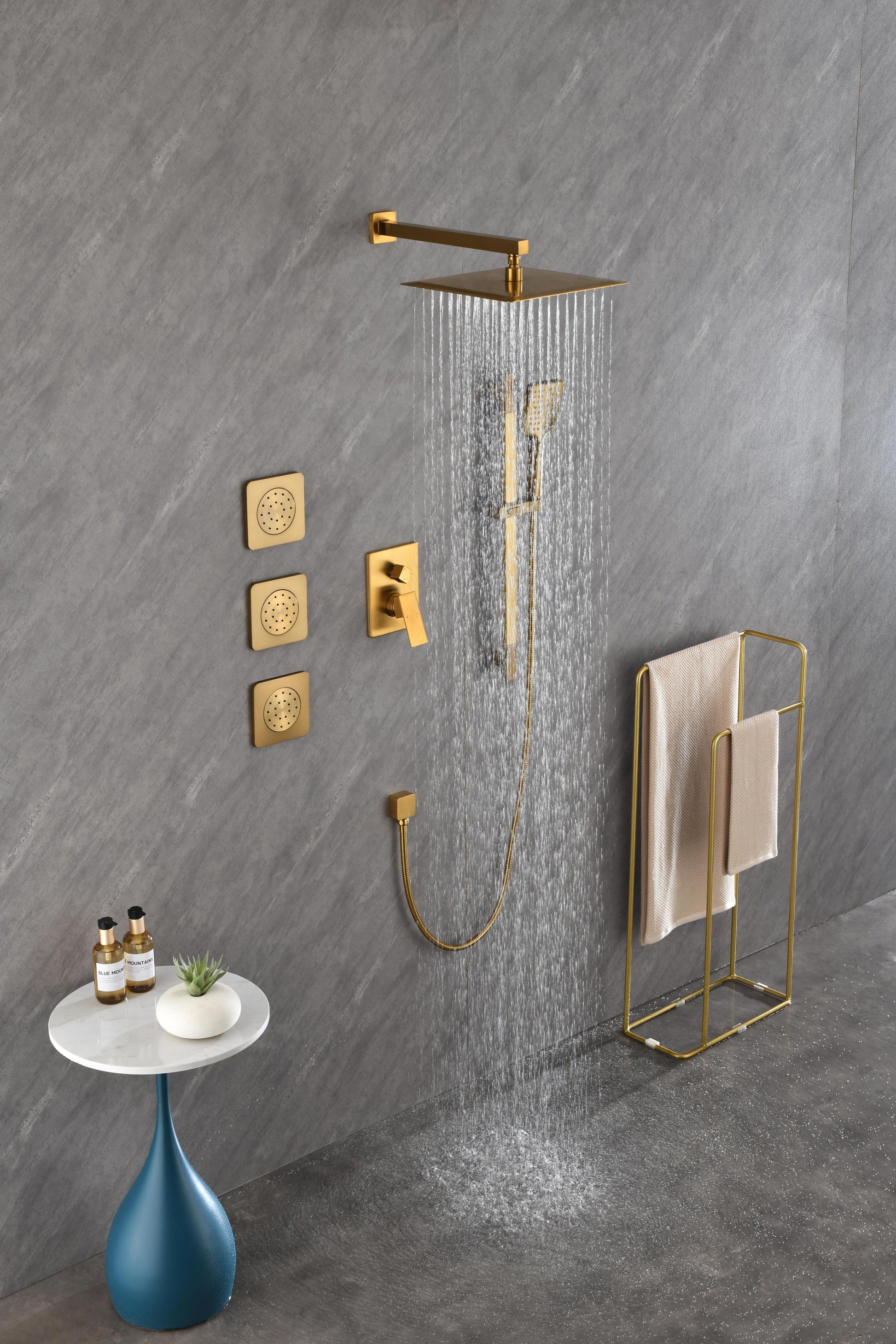 Shower System With Shower Head, Hand Shower, Slide Bar, Bodysprays, Shower Arm, Hose, Valve Trim, And Lever Handles Brushed Gold Brass