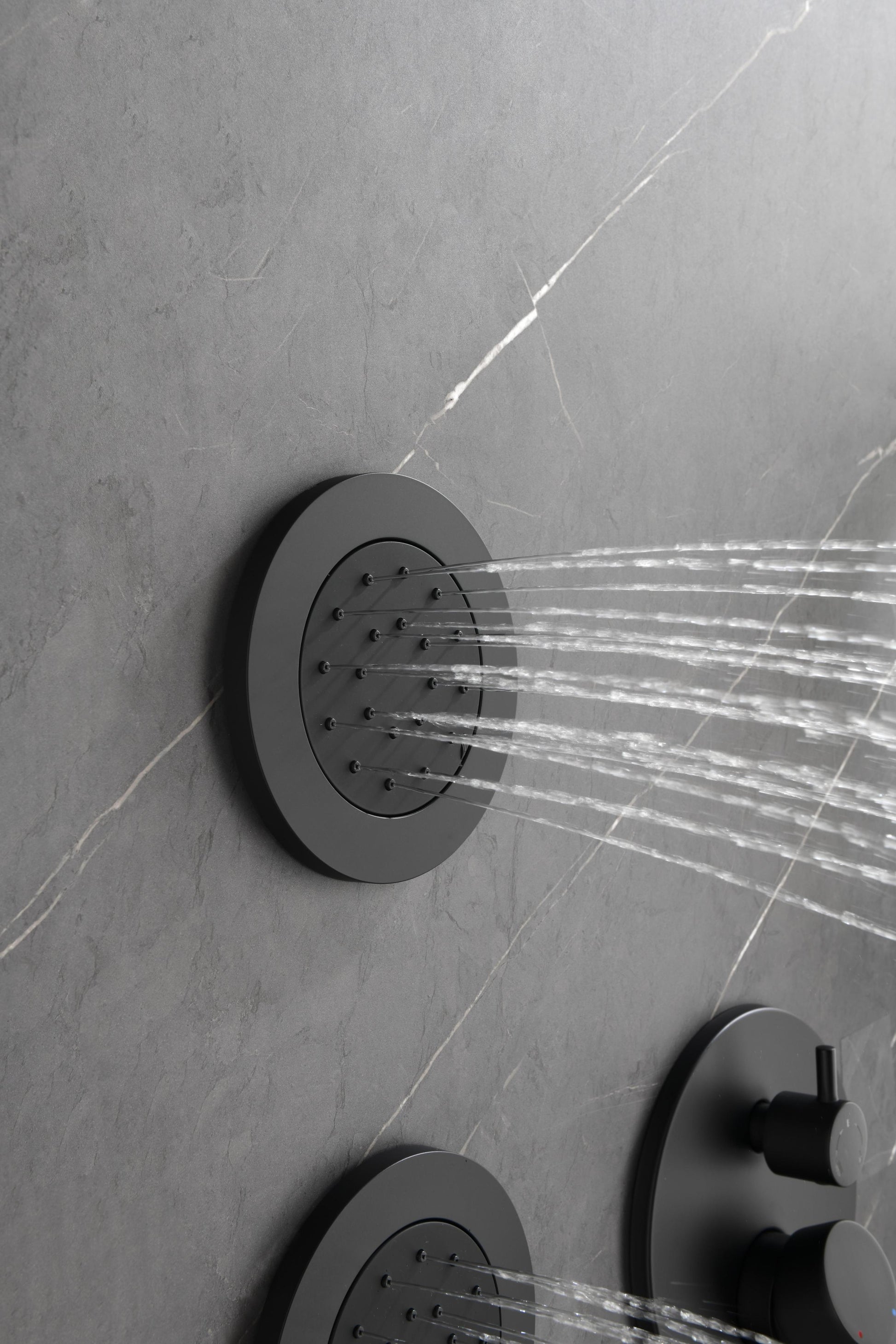 Shower System With Shower Head, Hand Shower, Slide Bar, Bodysprays, Shower Arm, Hose, Valve Trim, And Lever Handles Matte Black Brass