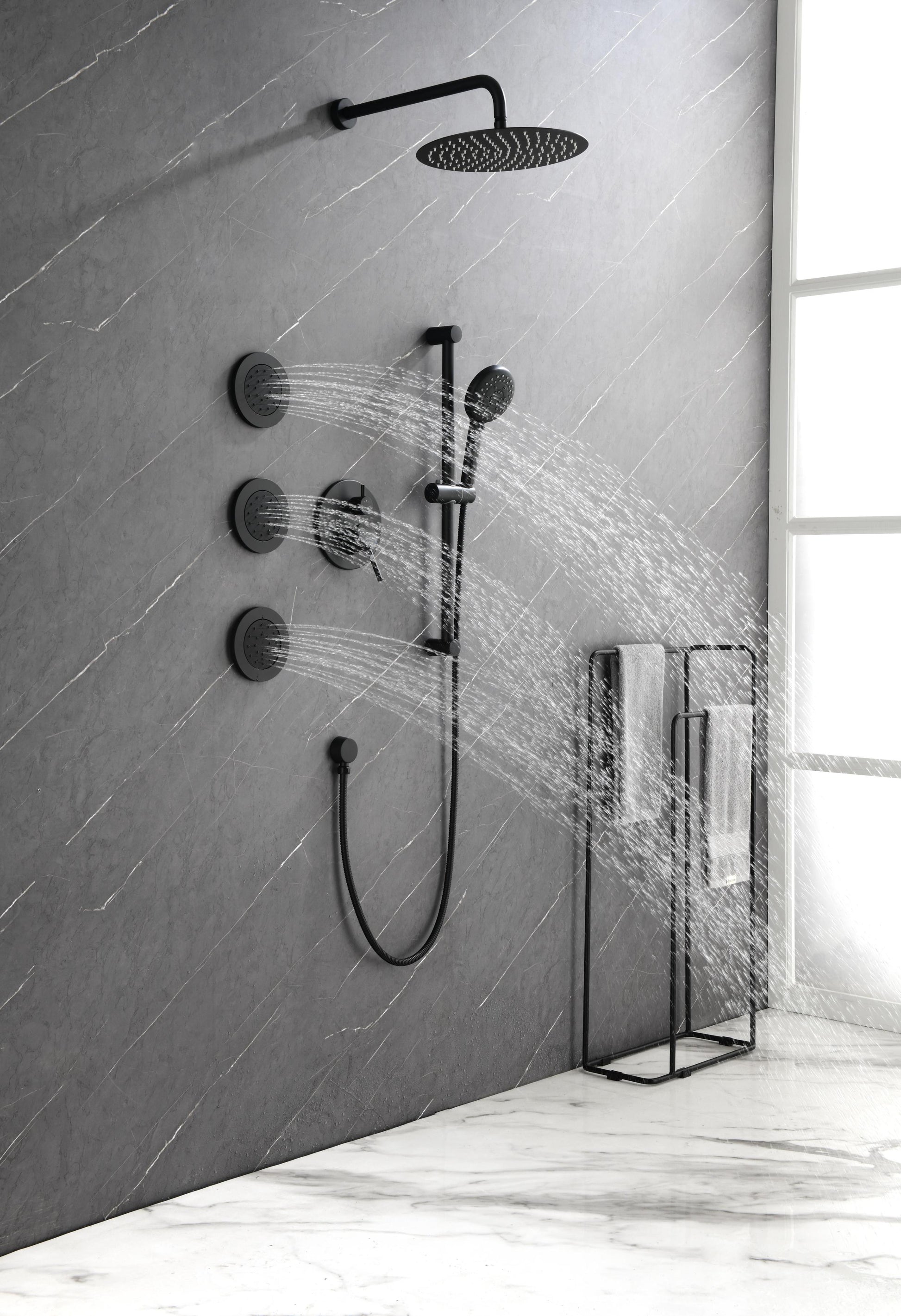 Shower System With Shower Head, Hand Shower, Slide Bar, Bodysprays, Shower Arm, Hose, Valve Trim, And Lever Handles Matte Black Brass