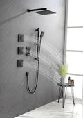 Shower System With Shower Head, Hand Shower, Slide Bar, Bodysprays, Shower Arm, Hose, Valve Trim, And Lever Handles Matte Black Brass