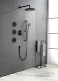 Shower System With Shower Head, Hand Shower, Slide Bar, Bodysprays, Shower Arm, Hose, Valve Trim, And Lever Handles Matte Black Brass