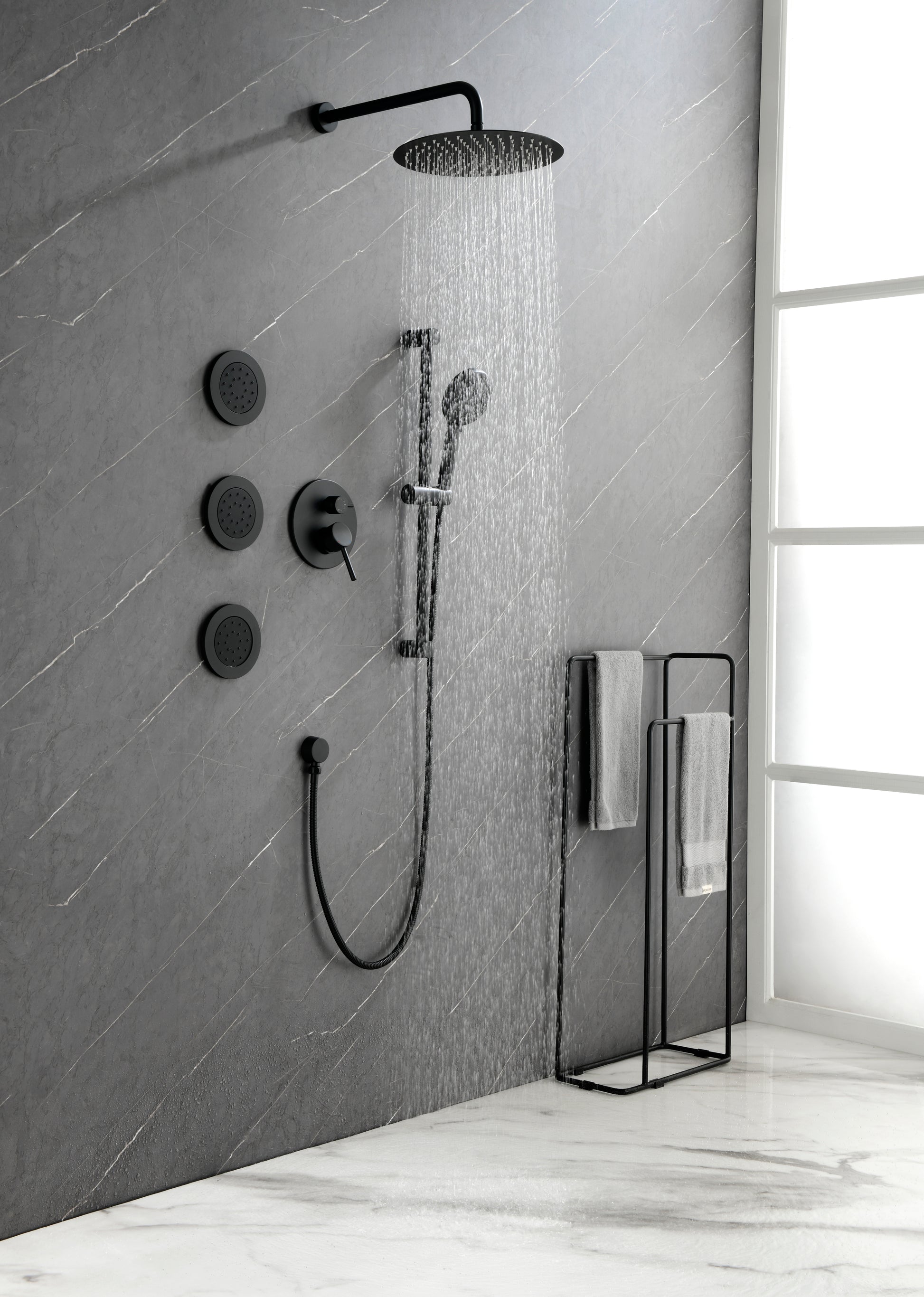 Shower System With Shower Head, Hand Shower, Slide Bar, Bodysprays, Shower Arm, Hose, Valve Trim, And Lever Handles Matte Black Brass