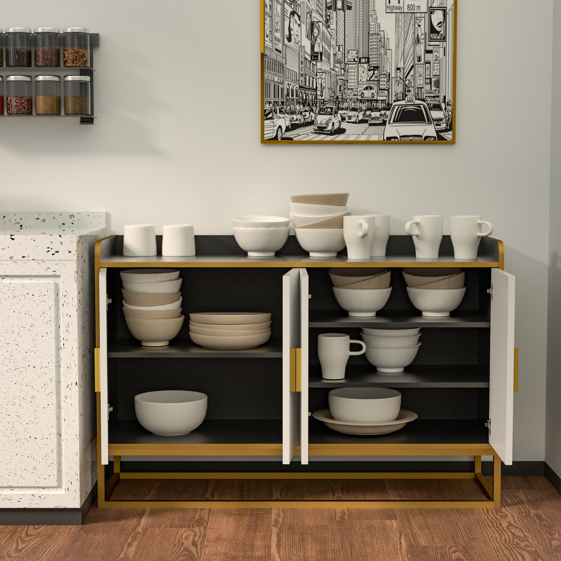 Modern Kitchen Buffet Storage Cabinet Cupboard Gloss With Metal Legs For Living Room Kitchen Black Golden Black Foam Wood Stainless Steel