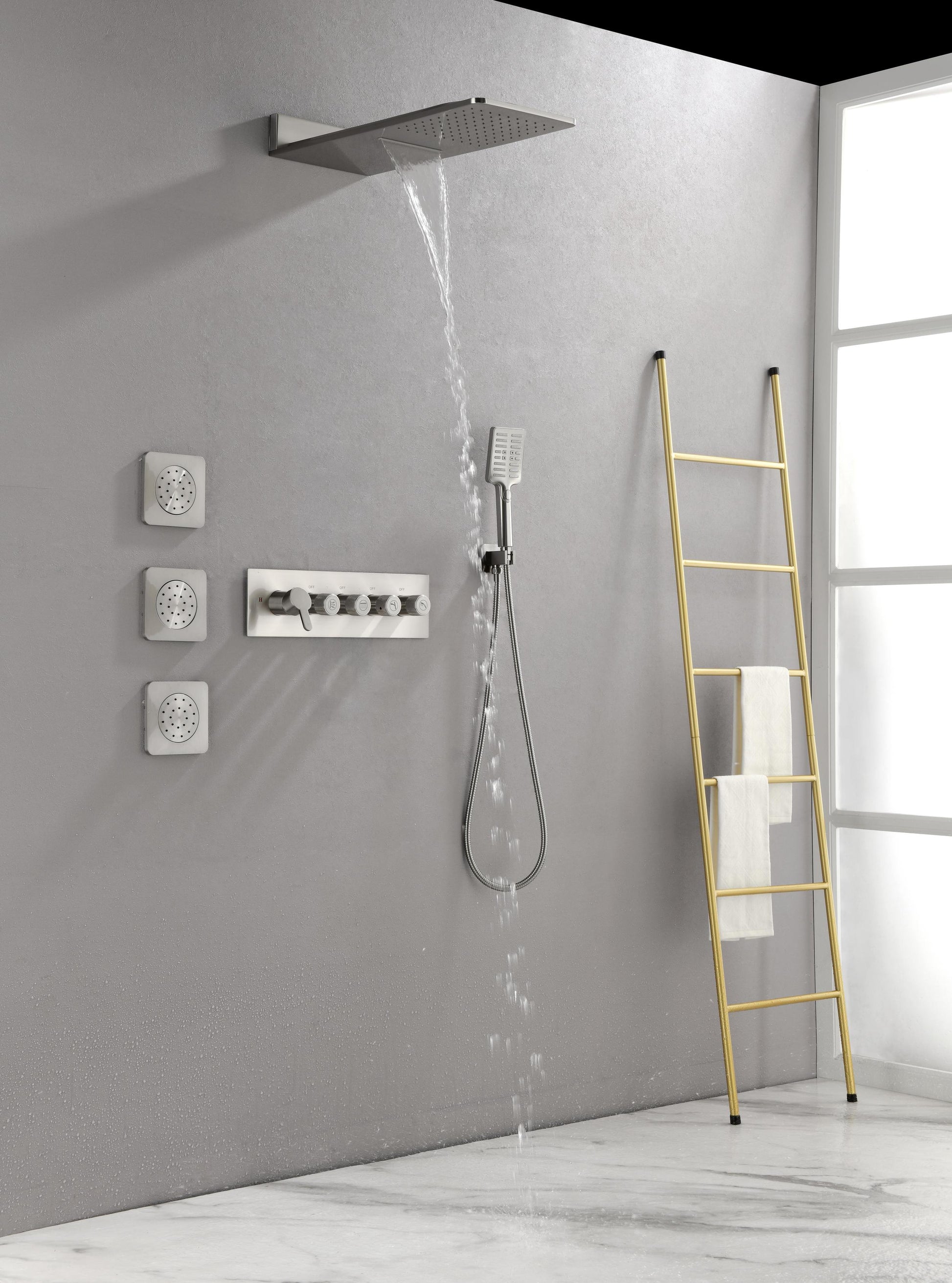 Wall Mounted Waterfall Rain Shower System With 3 Body Sprays & Handheld Shower Brushed Nickel Brass