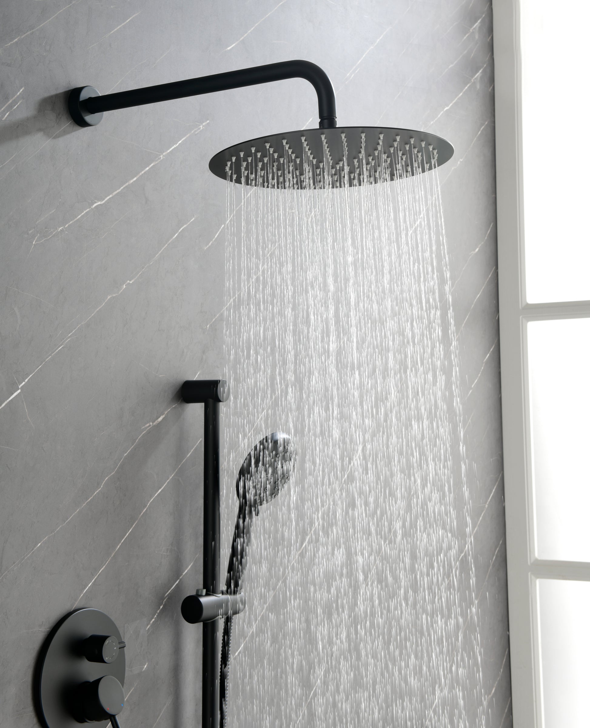 Shower System With Shower Head, Hand Shower, Slide Bar, Bodysprays, Shower Arm, Hose, Valve Trim, And Lever Handles Matte Black Brass