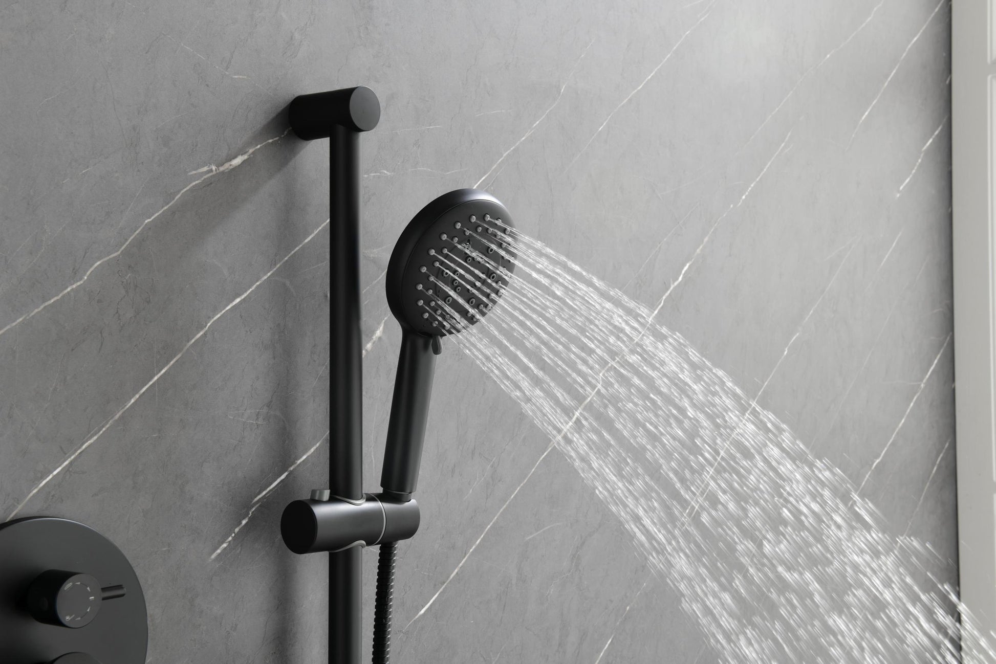 Shower System With Shower Head, Hand Shower, Slide Bar, Bodysprays, Shower Arm, Hose, Valve Trim, And Lever Handles Matte Black Brass
